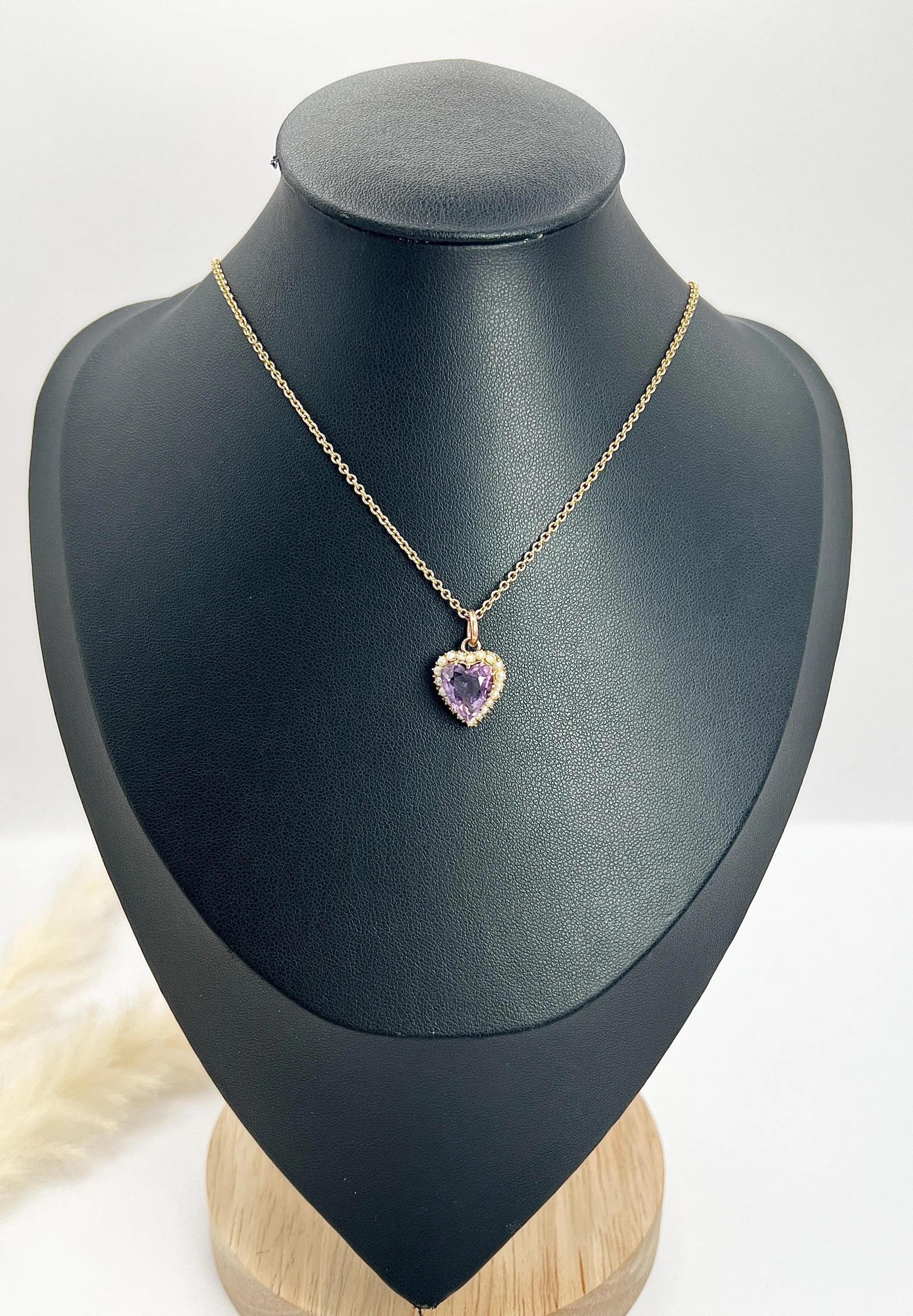Antique 9ct Rose Gold, Edwardian Amethyst & Natural Seed Pearl Heart Pendant For Sale 5