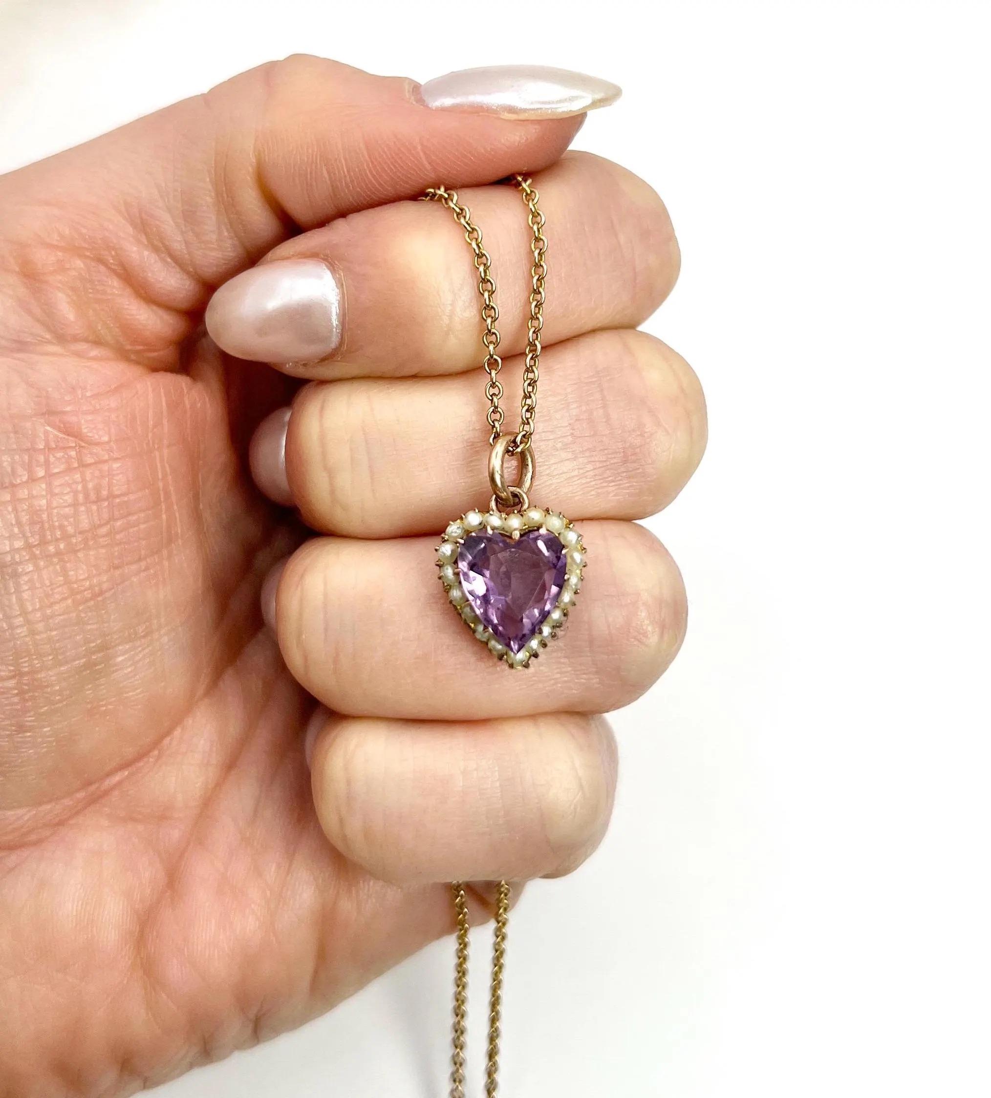 Heart Cut Antique 9ct Rose Gold, Edwardian Amethyst & Natural Seed Pearl Heart Pendant For Sale