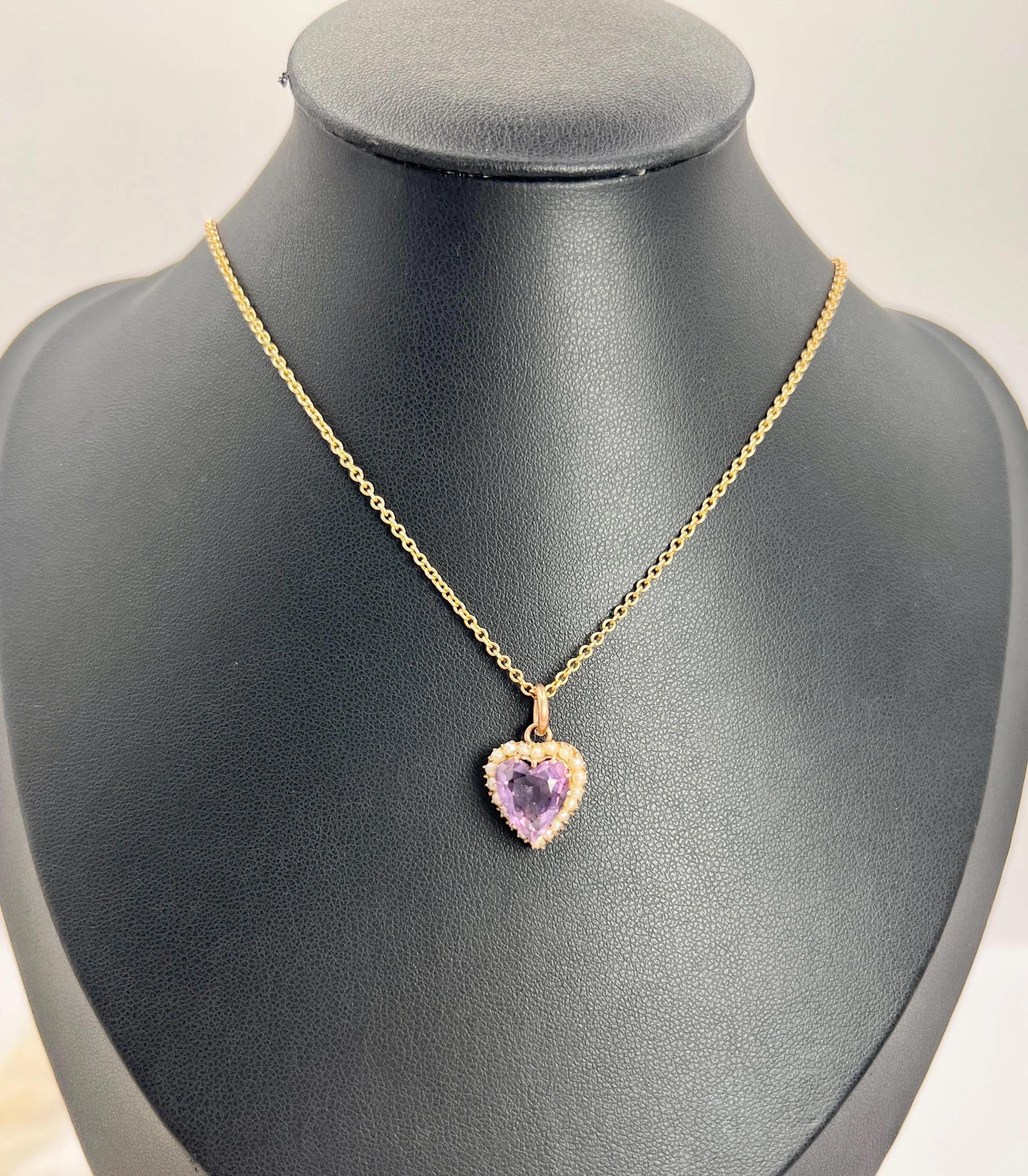 Antique 9ct Rose Gold, Edwardian Amethyst & Natural Seed Pearl Heart Pendant For Sale 3