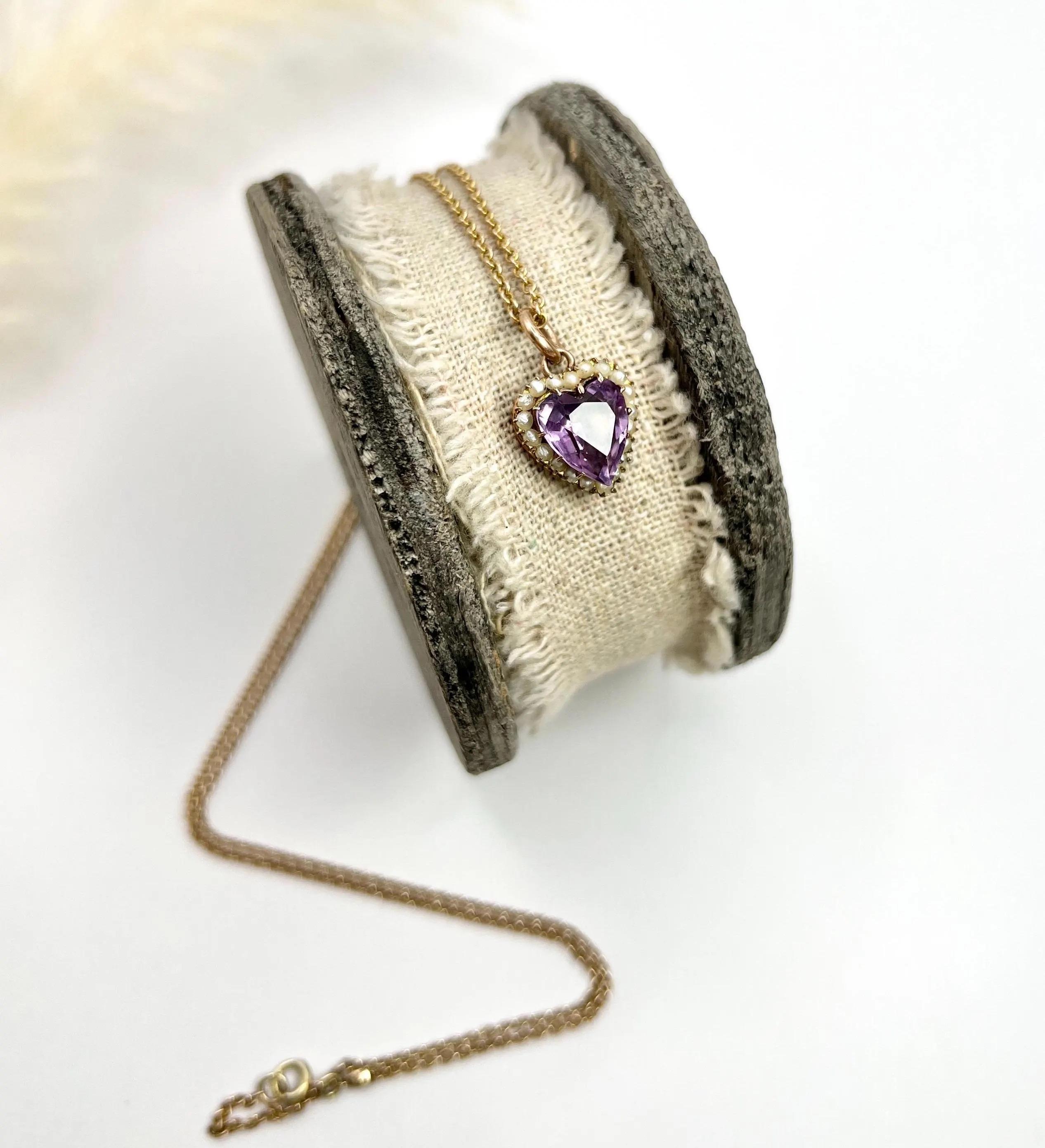 Antique 9ct Rose Gold, Edwardian Amethyst & Natural Seed Pearl Heart Pendant For Sale 4