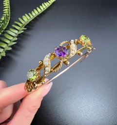 Antique 9ct Rose Gold, Edwardian Amethyst, Peridot & Pearl Suffragette Bracelet