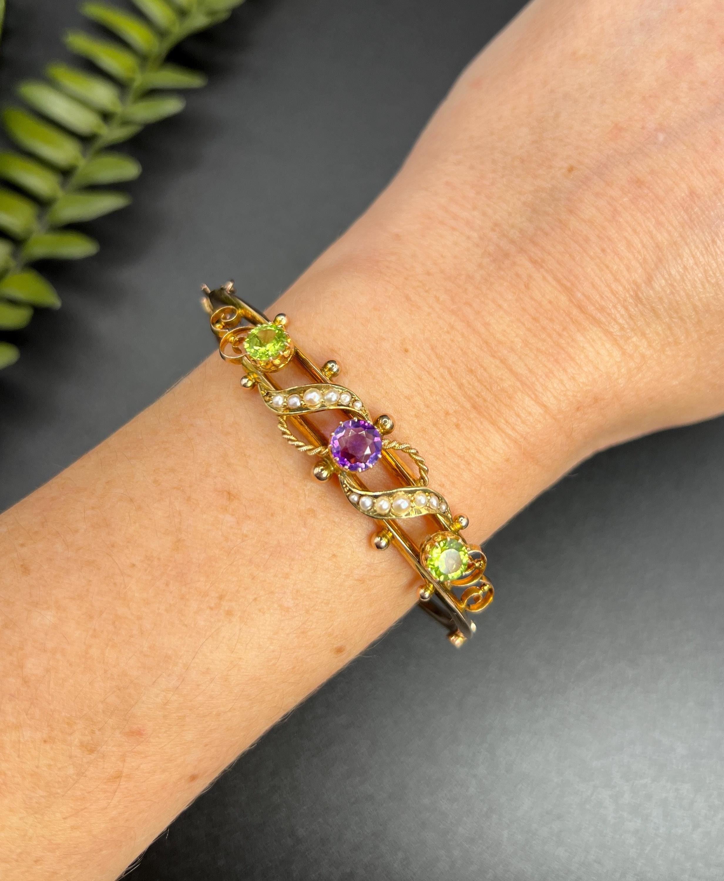 da uomo o donna Bracciale antico in oro rosa 9ct, ametista, peridoto e perle di Edwardian Suffragette