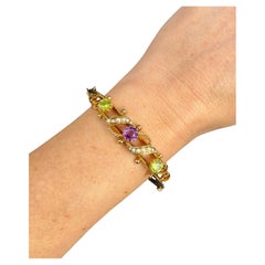 Antique 9ct Rose Gold, Edwardian Amethyst, Peridot & Pearl Suffragette Bracelet