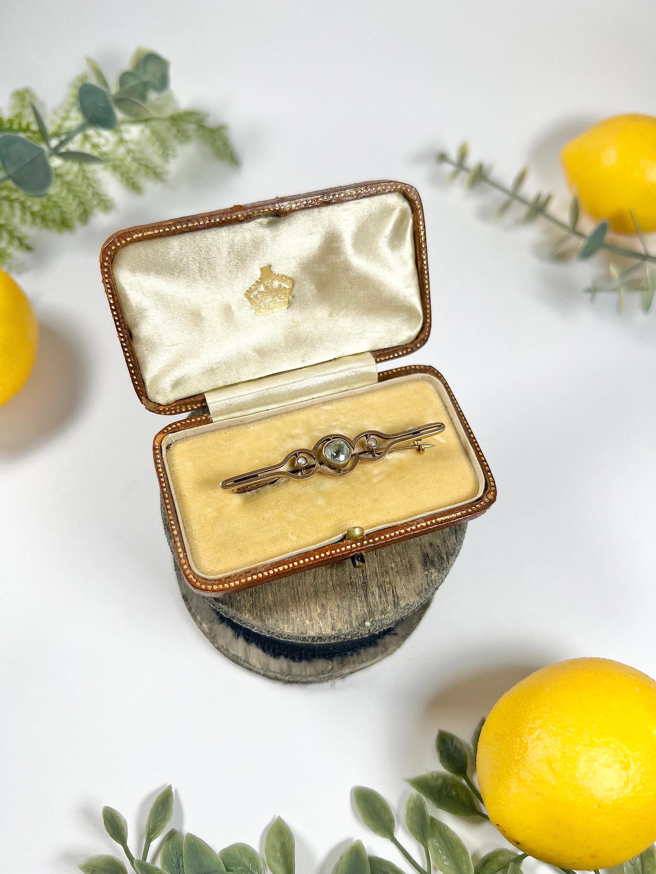 Round Cut Antique 9ct Rose Gold Edwardian Aquamarine & Pearl Brooch