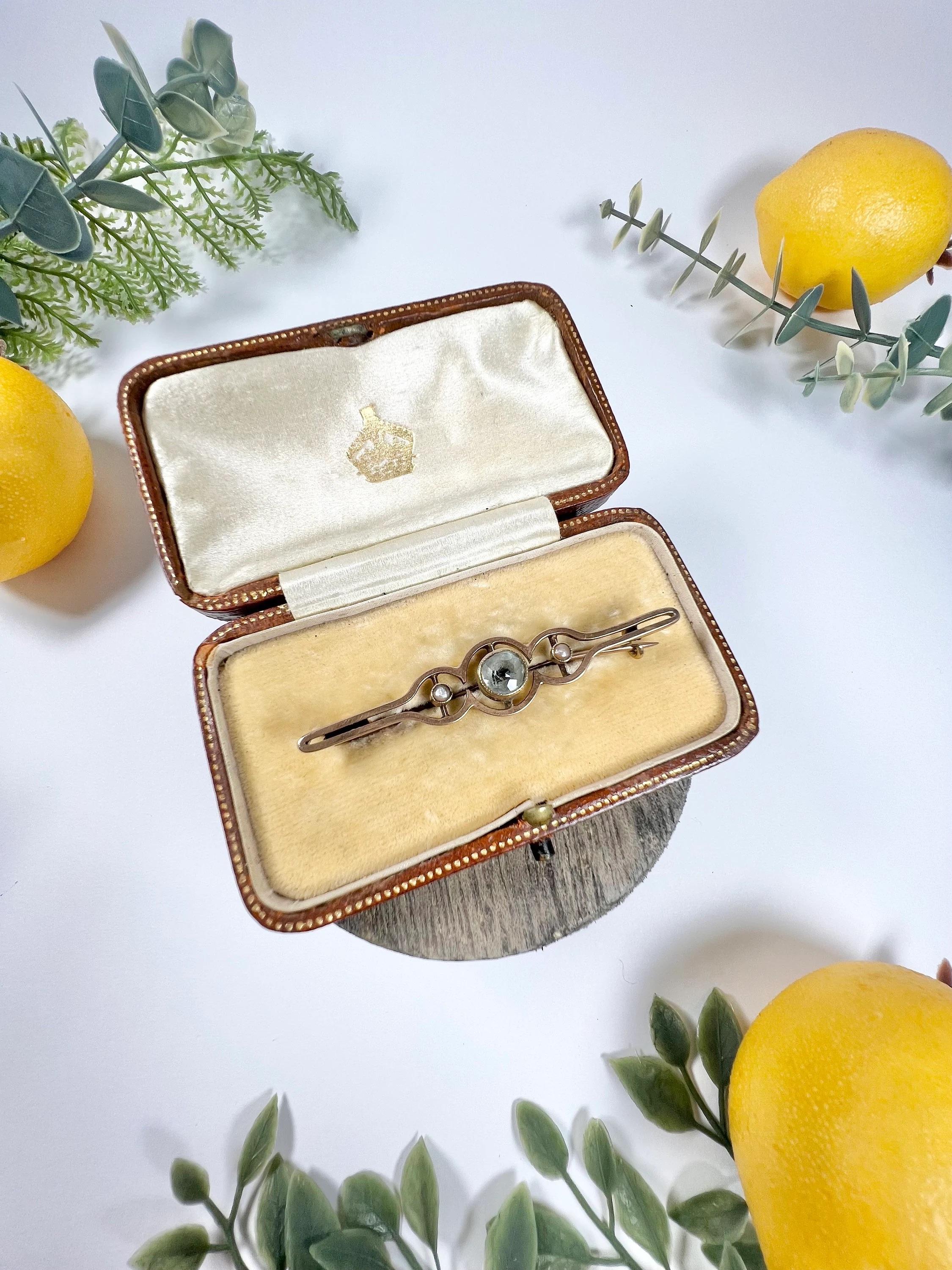Antique 9ct Rose Gold Edwardian Aquamarine & Pearl Brooch 4