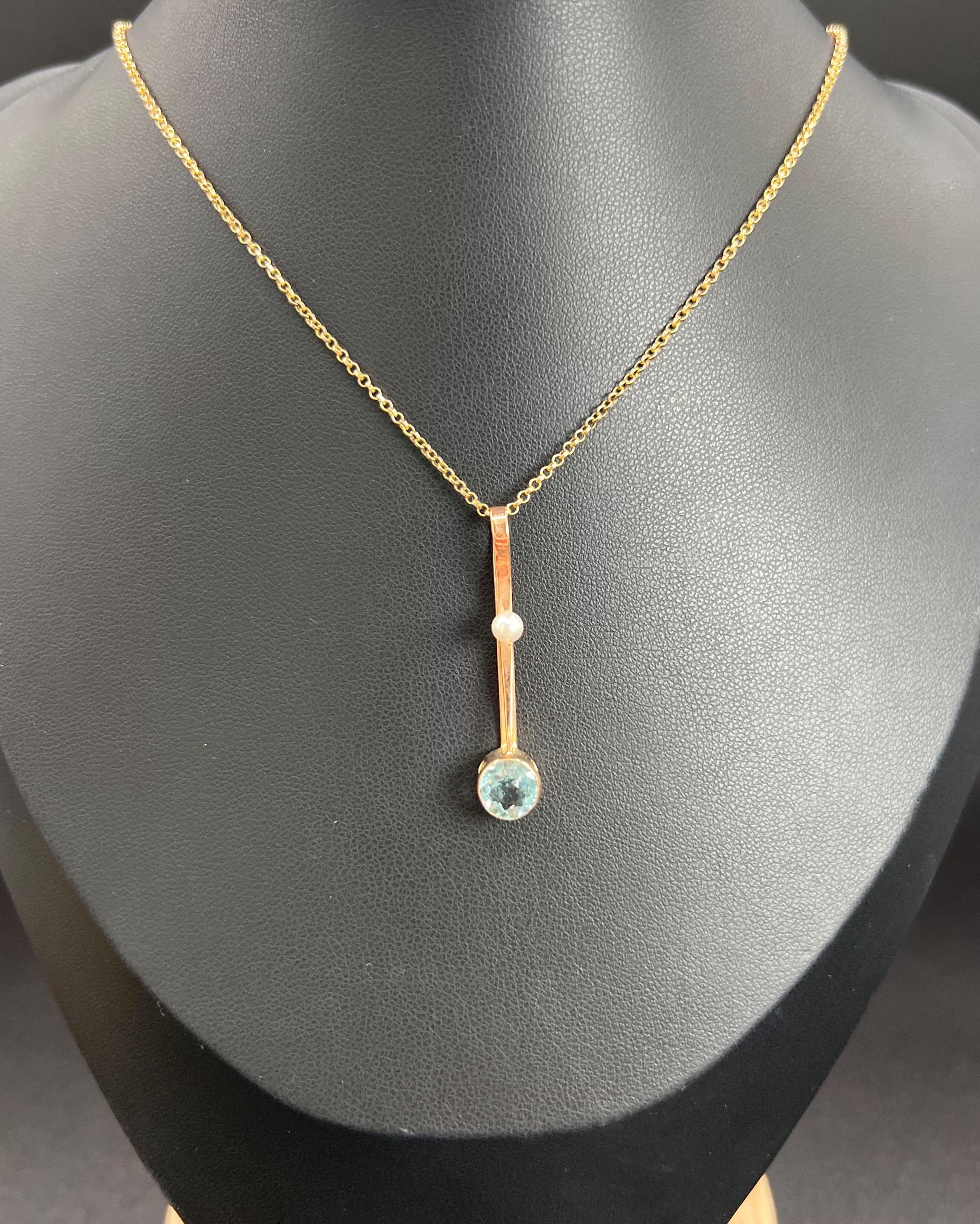 Women's or Men's Antique 9ct Rose Gold, Edwardian Aquamarine & Pearl Pendulum Drop Pendant For Sale