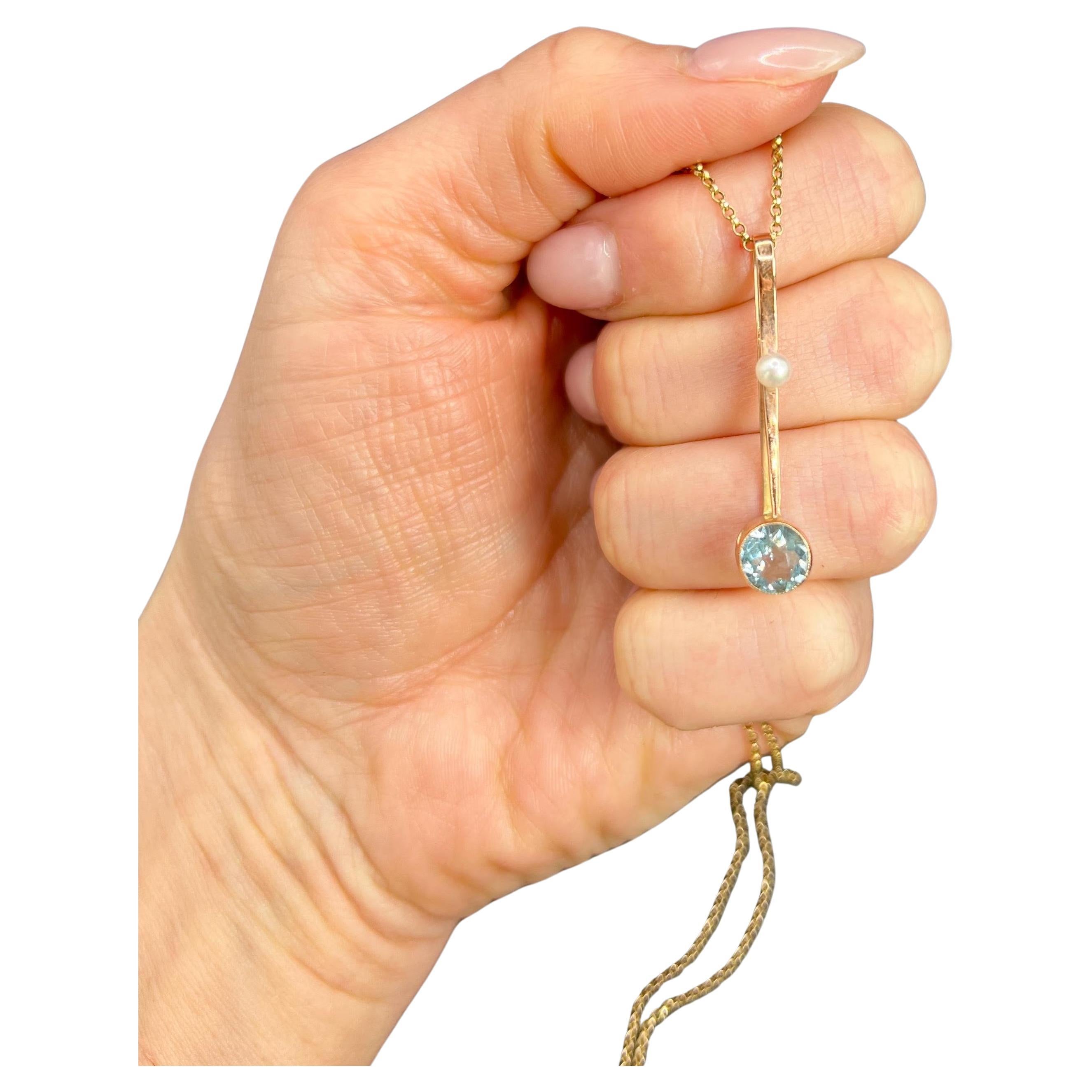 Antique 9ct Rose Gold, Edwardian Aquamarine & Pearl Pendulum Drop Pendant For Sale