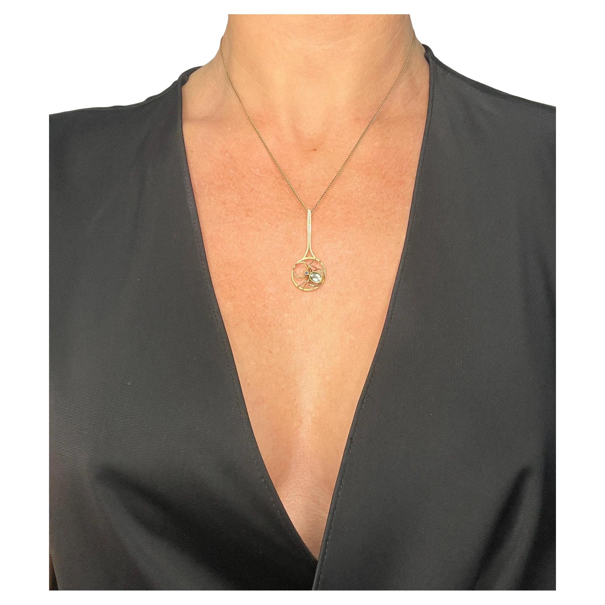 Antique 9ct Rose Gold, Edwardian Aquamarine Spider Pendant Necklace