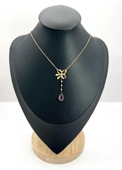 Antique 9ct Rose Gold, Edwardian Bow Topped Amethyst & Seed Pearl Pendent