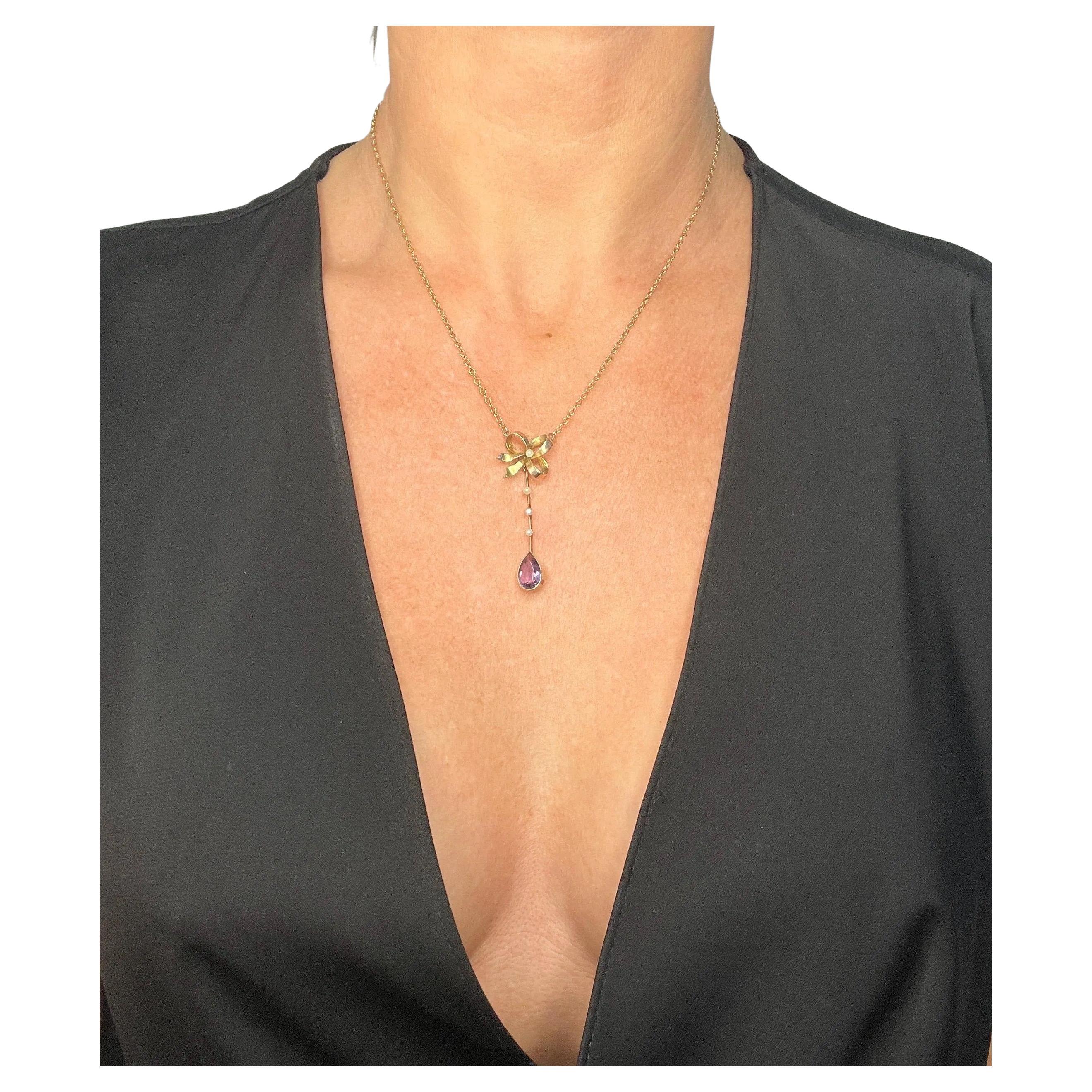 Antique 9ct Rose Gold, Edwardian Bow Topped Amethyst & Seed Pearl Pendent