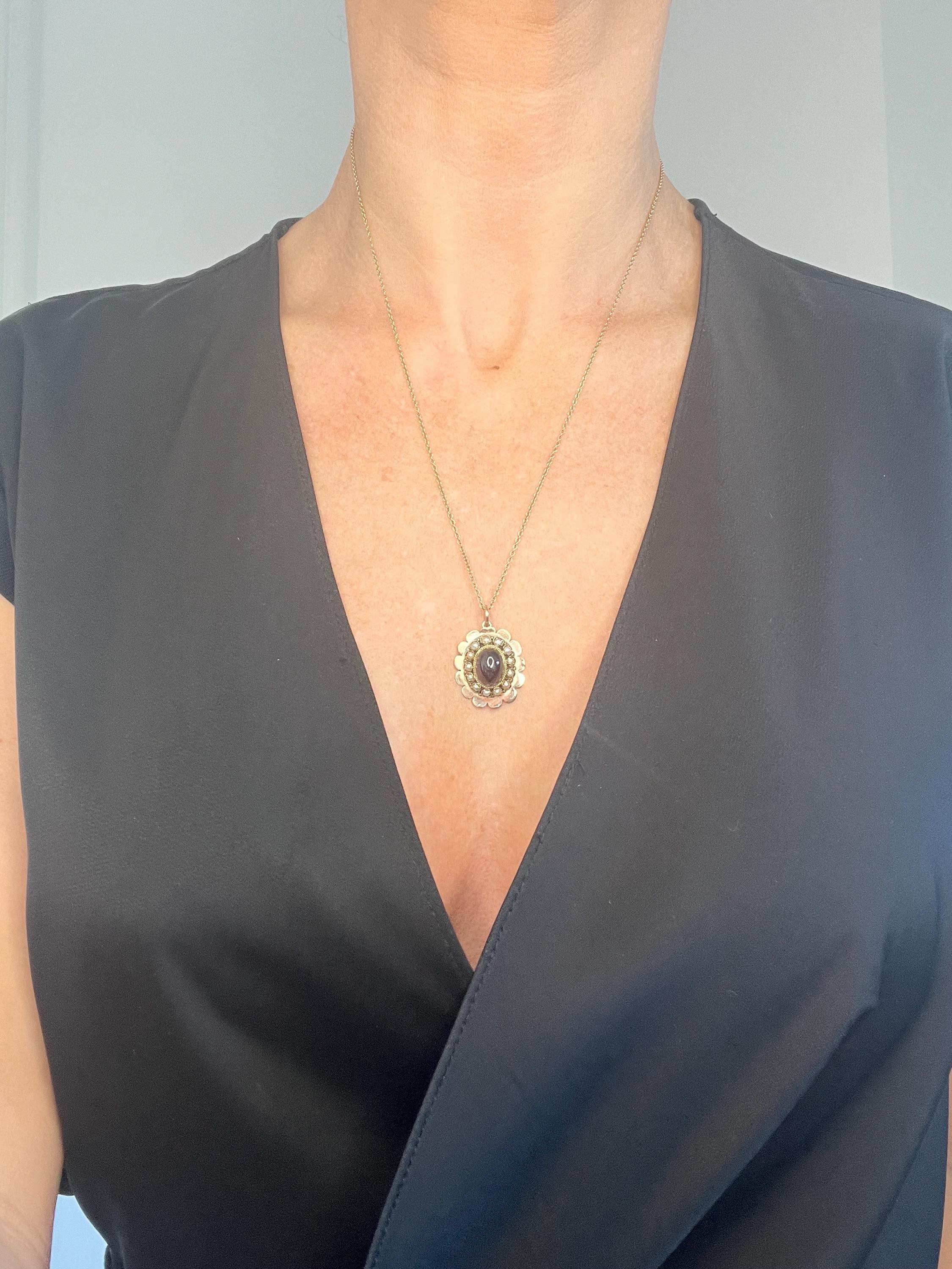 Antiker 9ct Rose Gold, Edwardian Cabochon Granat & Seed Pearl Anhänger im Angebot 5