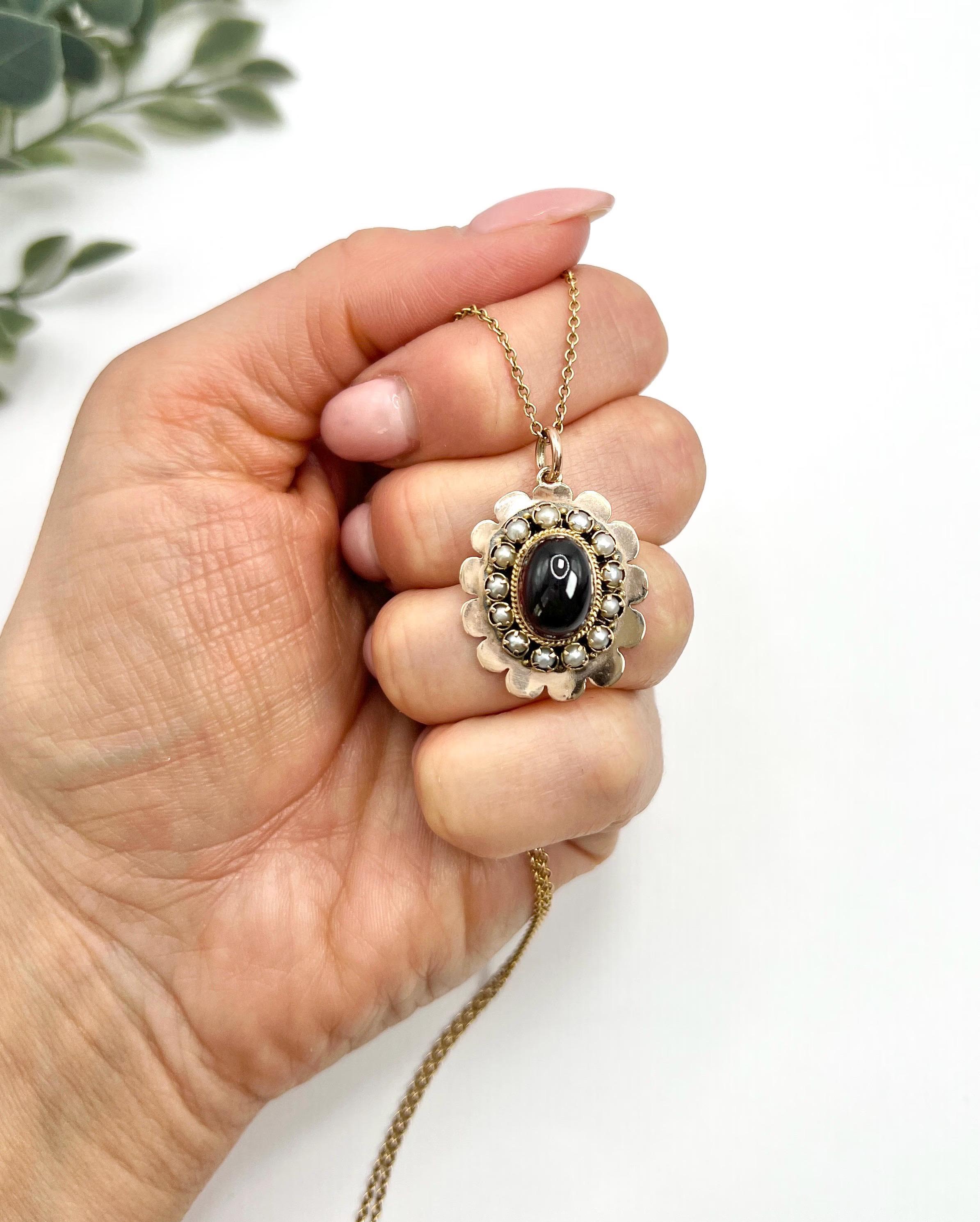 Antiker 9ct Rose Gold, Edwardian Cabochon Granat & Seed Pearl Anhänger im Angebot 4