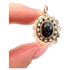Antiker 9ct Rose Gold, Edwardian Cabochon Granat & Seed Pearl Anhänger