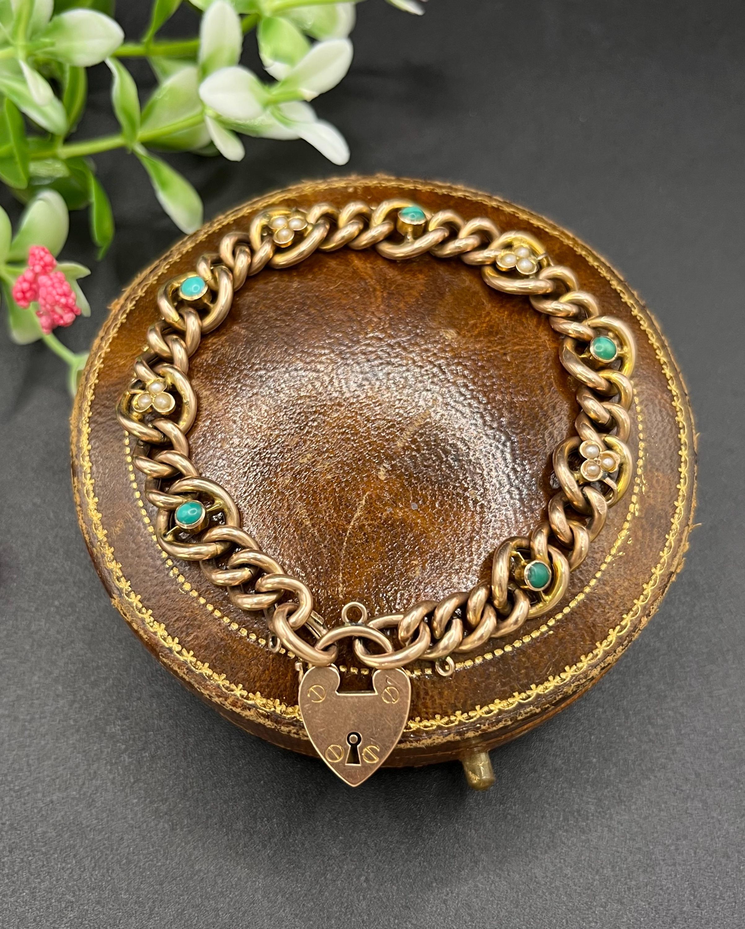 Bracelet ancien édouardien en or rose 9ct, turquoise et perles, cadenas en forme de coeur en vente 5
