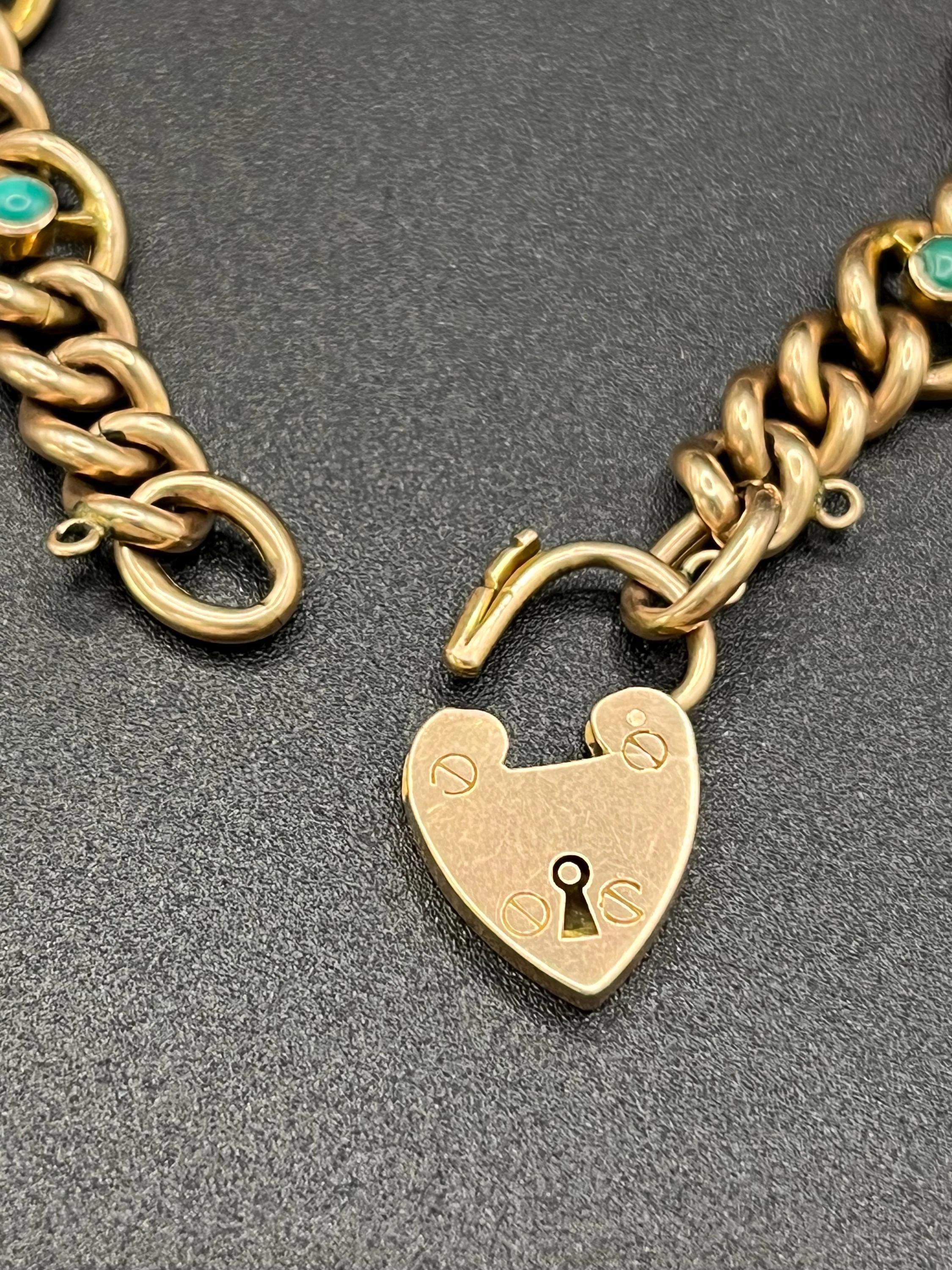 Bracelet ancien édouardien en or rose 9ct, turquoise et perles, cadenas en forme de coeur Unisexe en vente