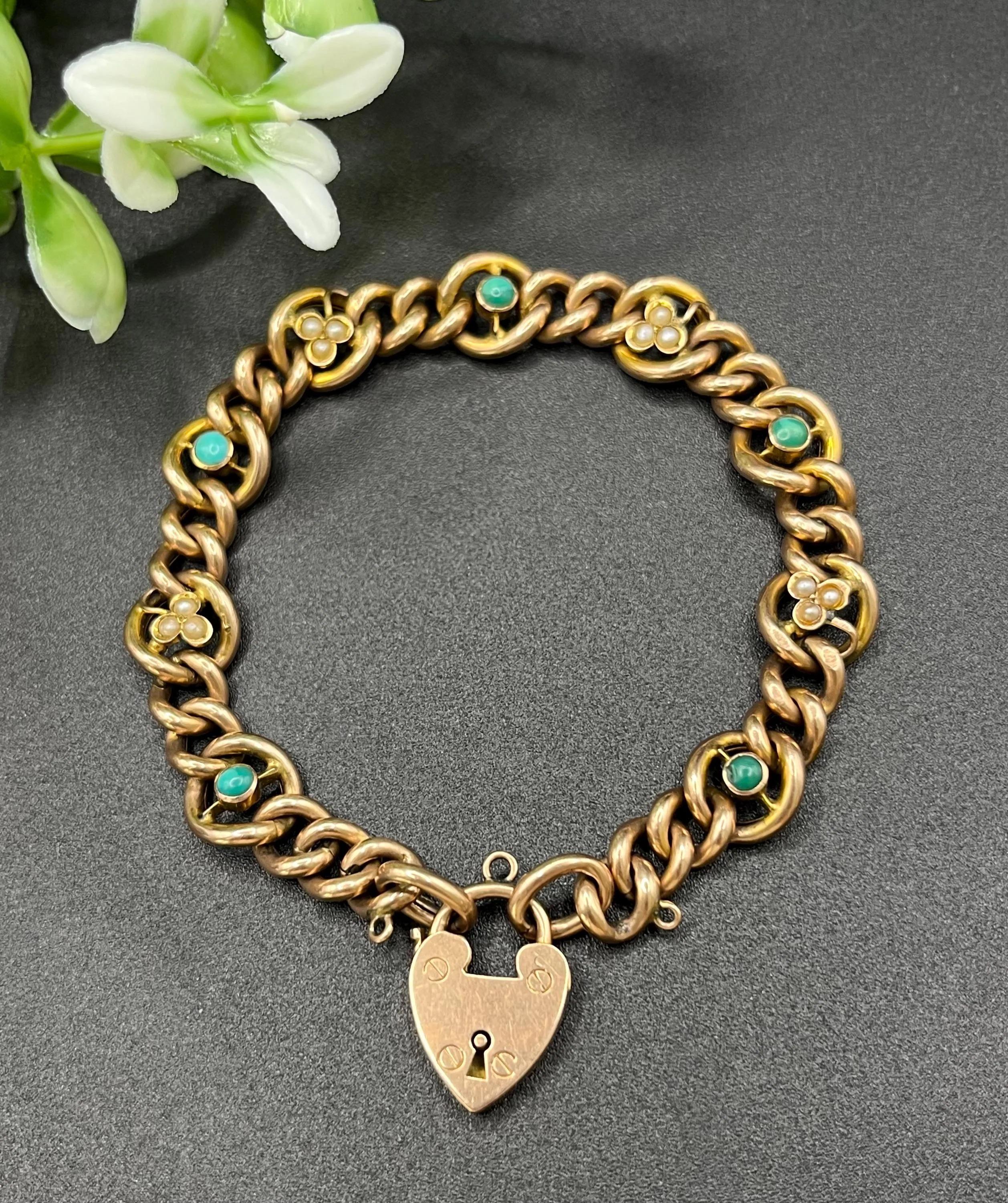 Bracelet ancien édouardien en or rose 9ct, turquoise et perles, cadenas en forme de coeur en vente 1