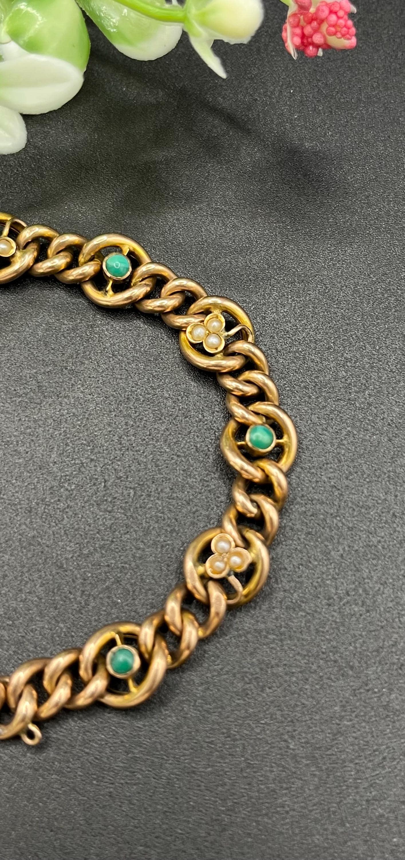 Bracelet ancien édouardien en or rose 9ct, turquoise et perles, cadenas en forme de coeur en vente 2