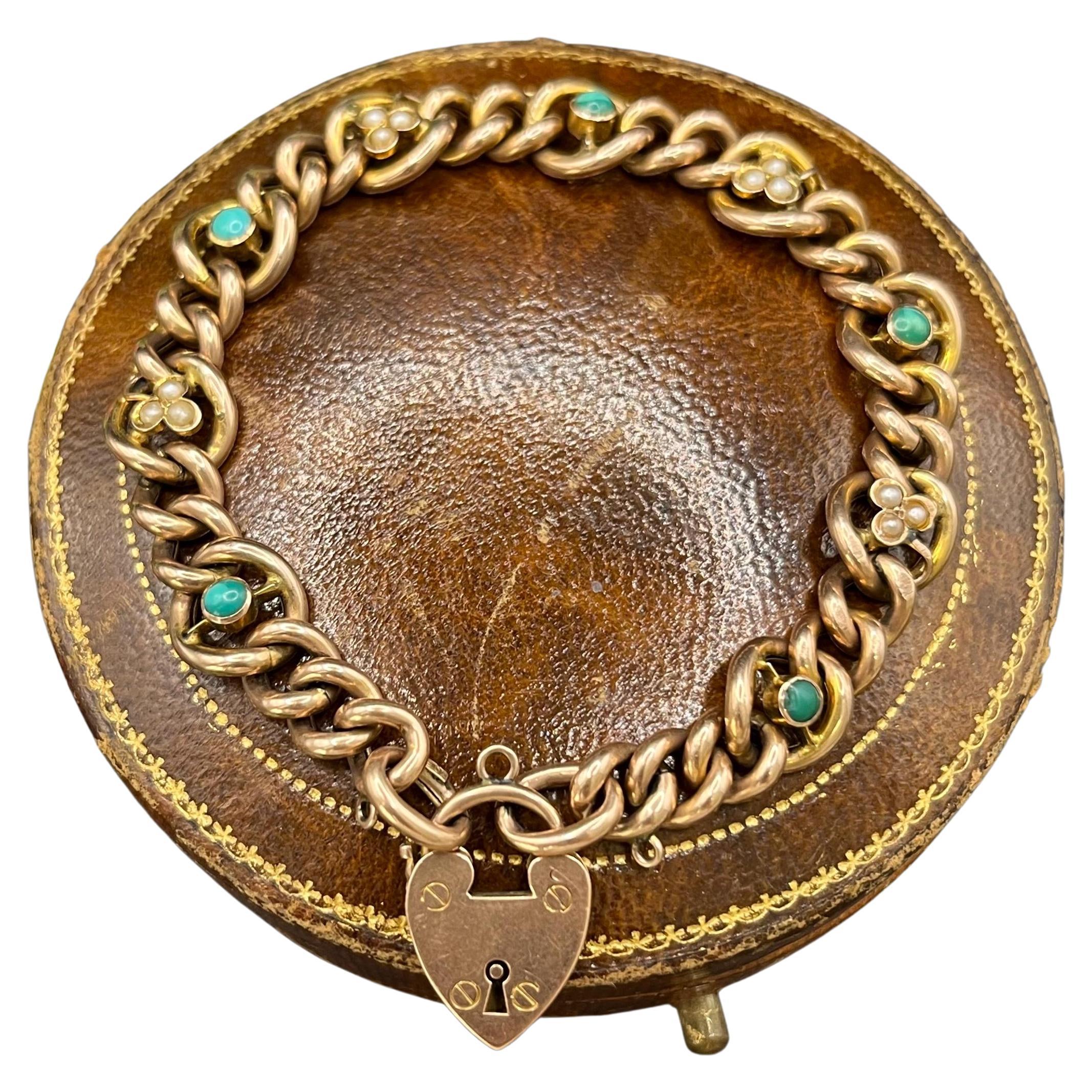 Bracelet ancien édouardien en or rose 9ct, turquoise et perles, cadenas en forme de coeur en vente