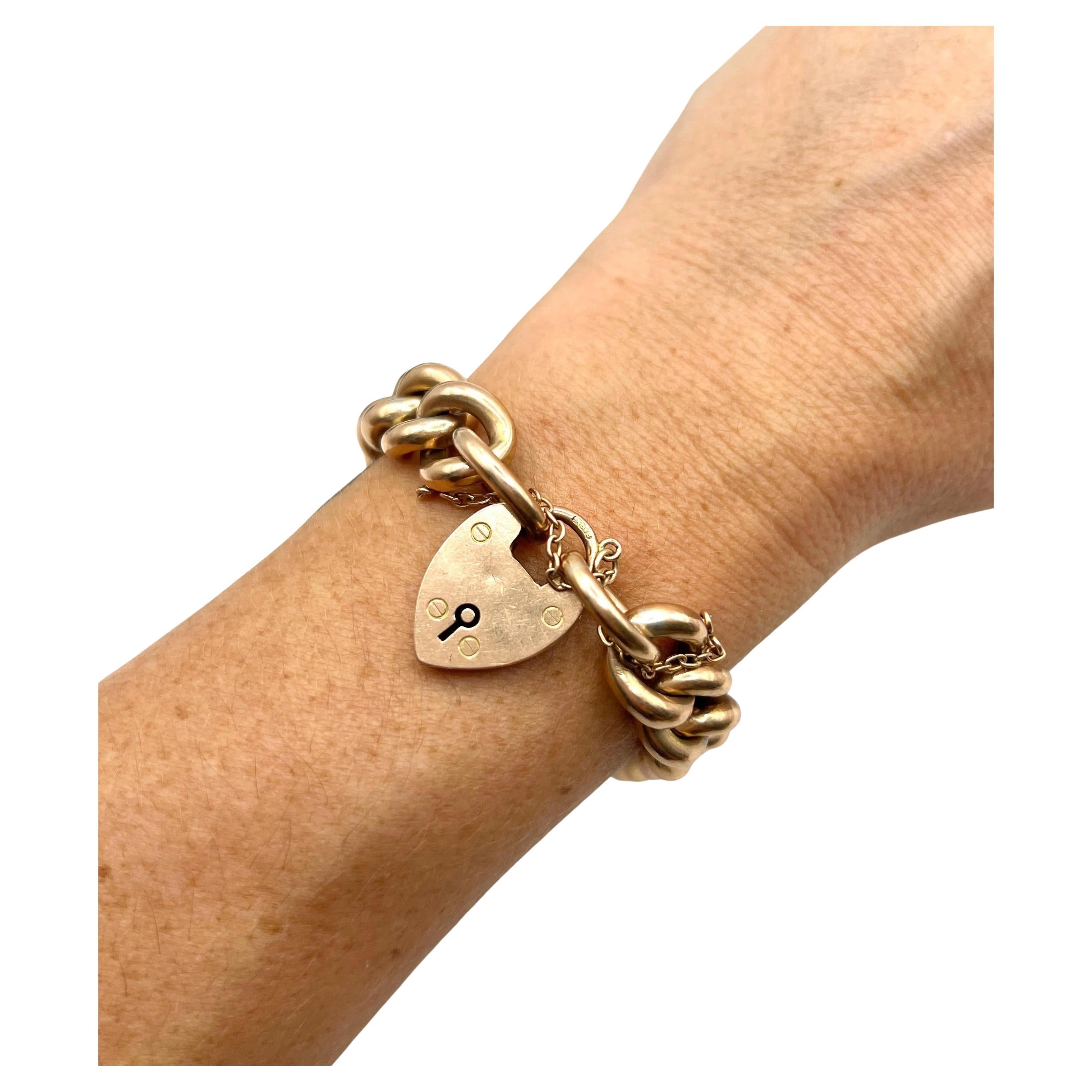 Antique 9ct Rose Gold Edwardian Curb Bracelet With Heart Padlock