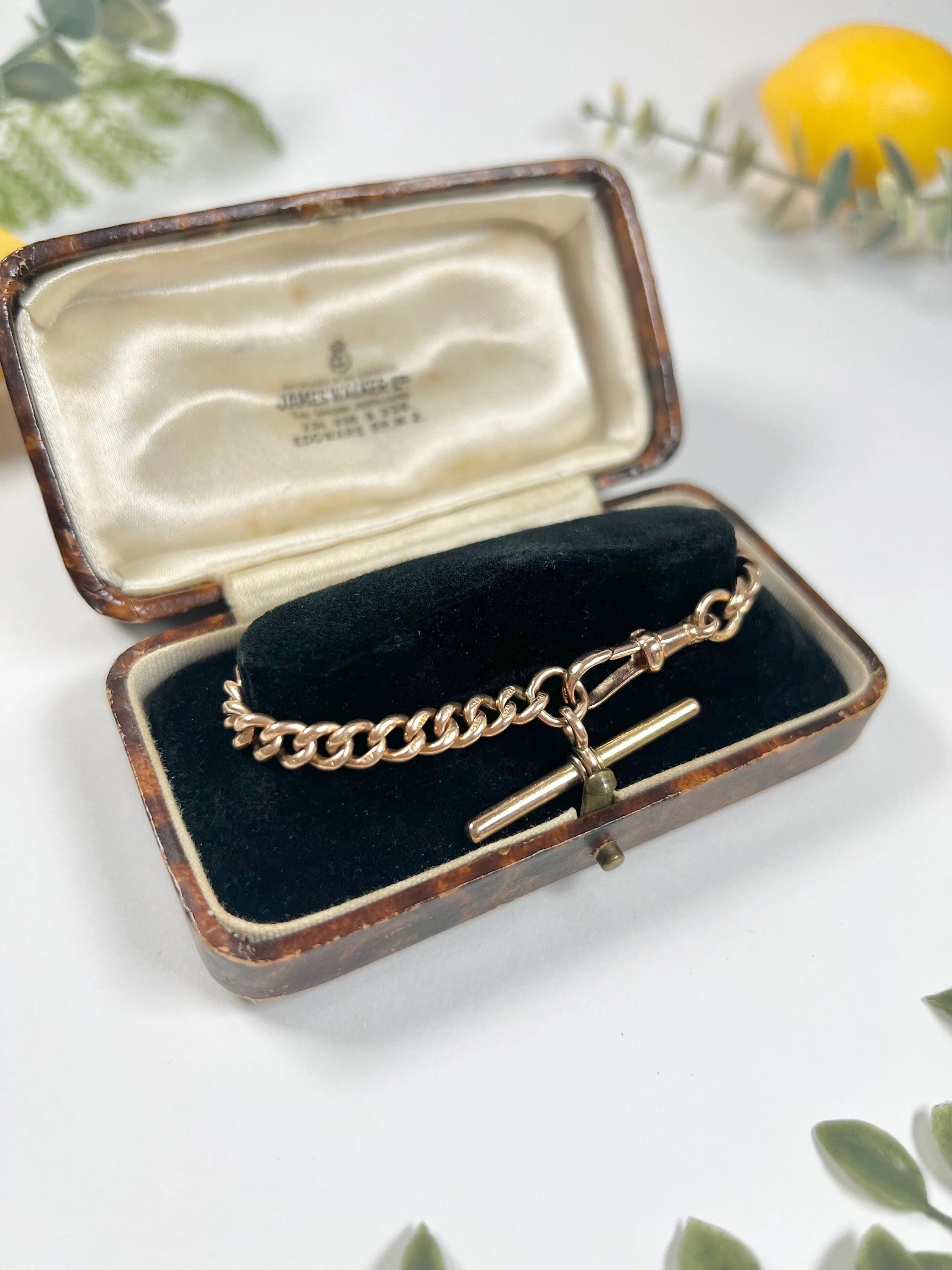 Antique 9ct Rose Gold Edwardian Curb Link Albert Bracelet For Sale 1