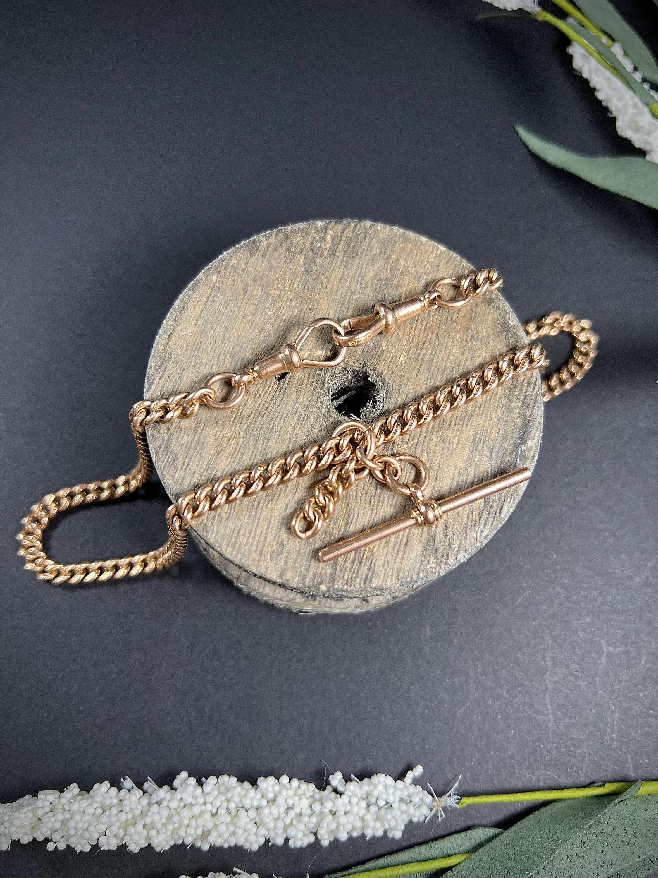 Antike 9 Karat Roségold Edwardianische Curb Link Albert Uhrenkette Halskette im Angebot 3