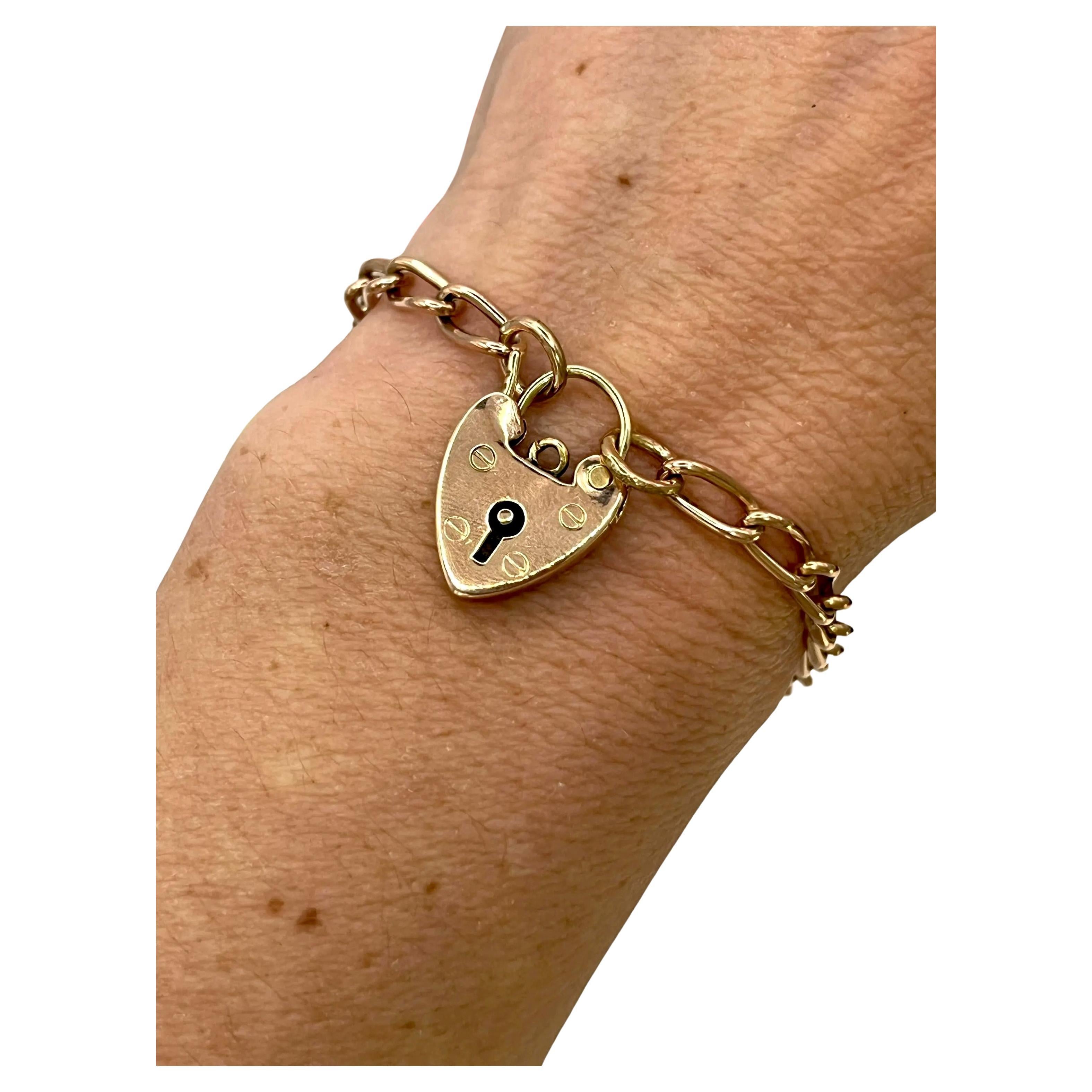 Antique 9ct Rose Gold, Edwardian era Curb Link Heart Padlock Bracelet im Angebot