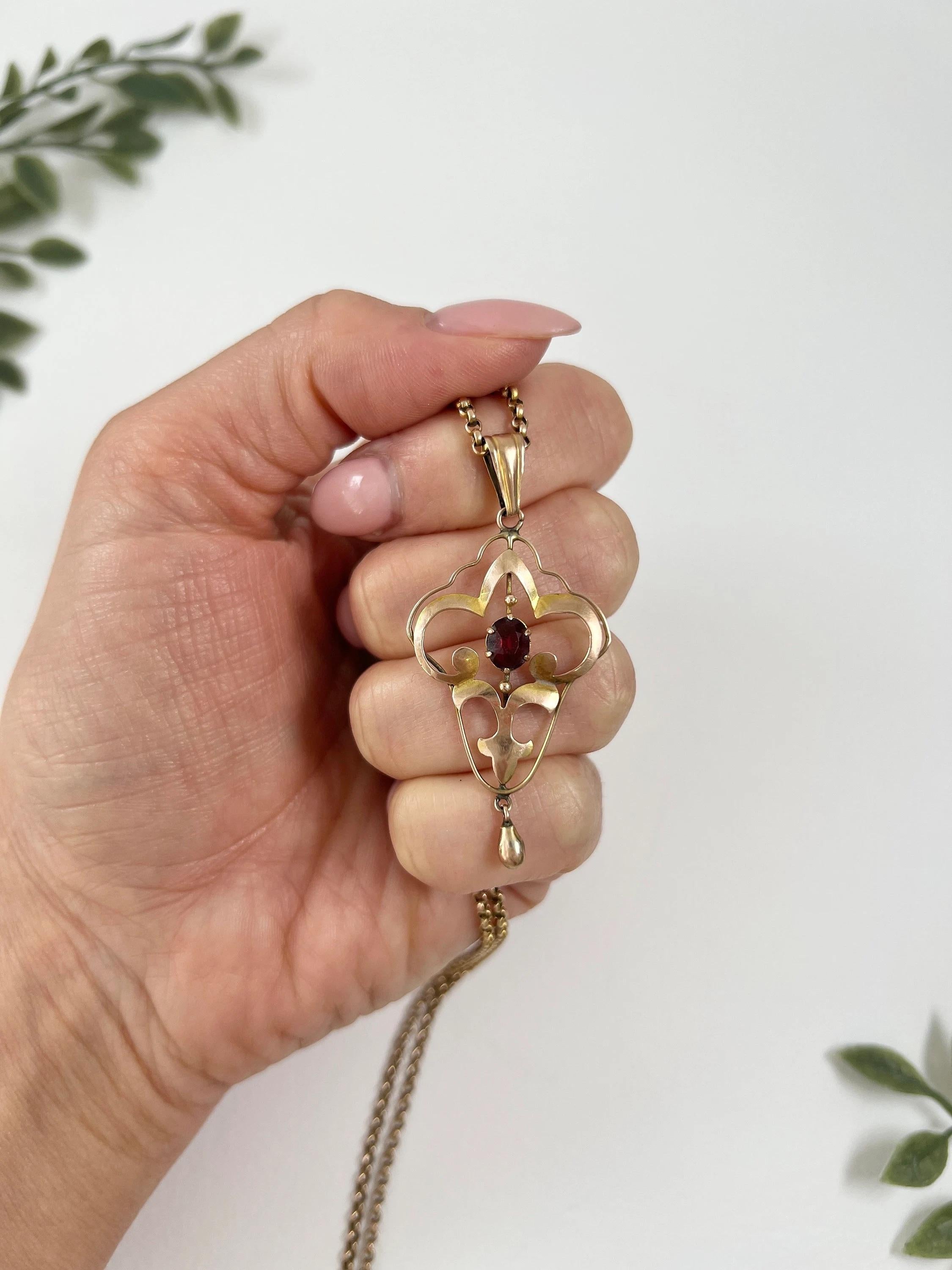 Ciondolo antico in oro rosa 9ct, edoardiano, con granato sfaccettato e goccia d'oro in vendita 1