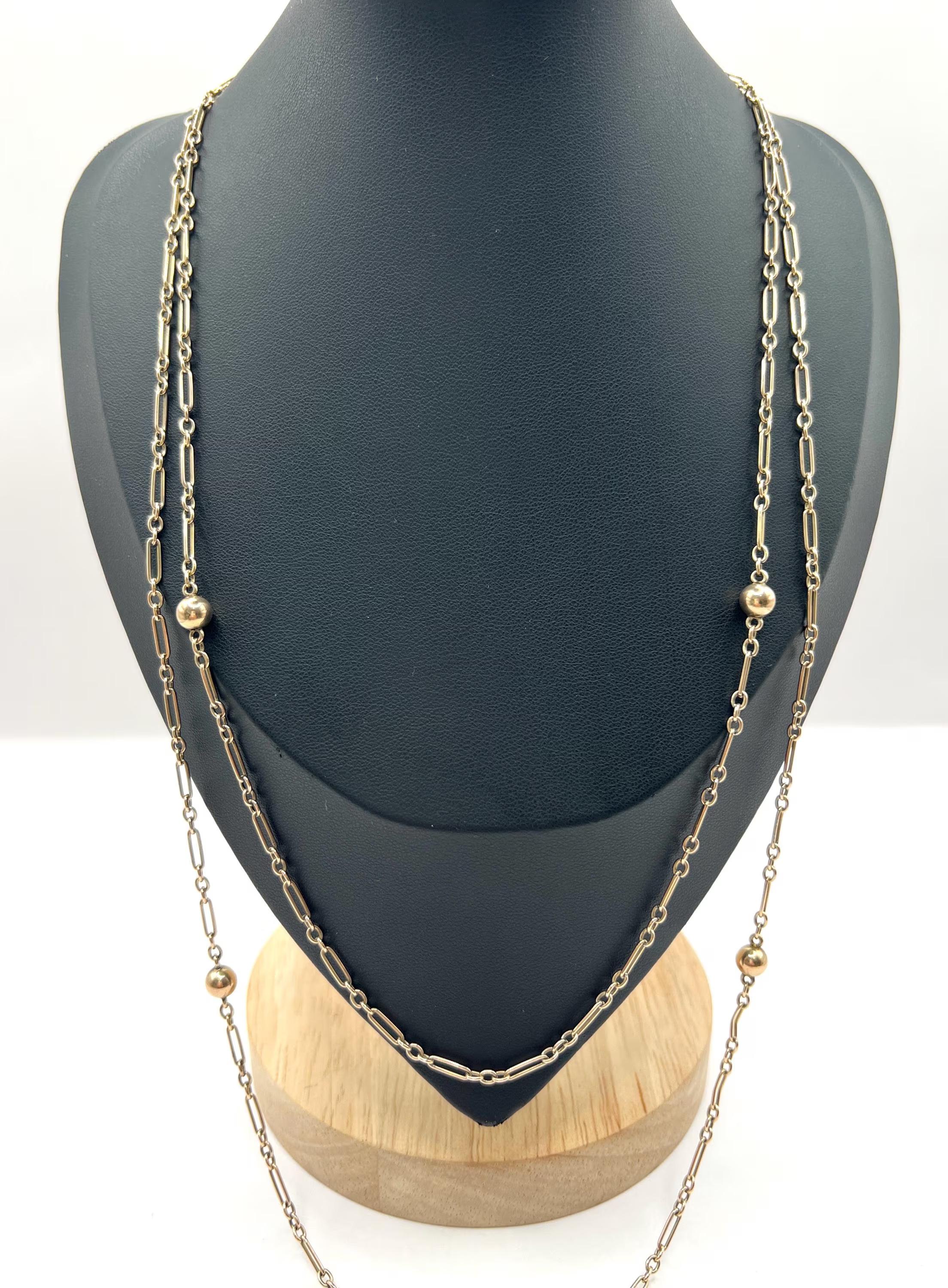 Antiguo collar de cadena larga de oro rosa de 9 ct, Edwardian Fancy Fetter & Three Ball Eduardiano en venta