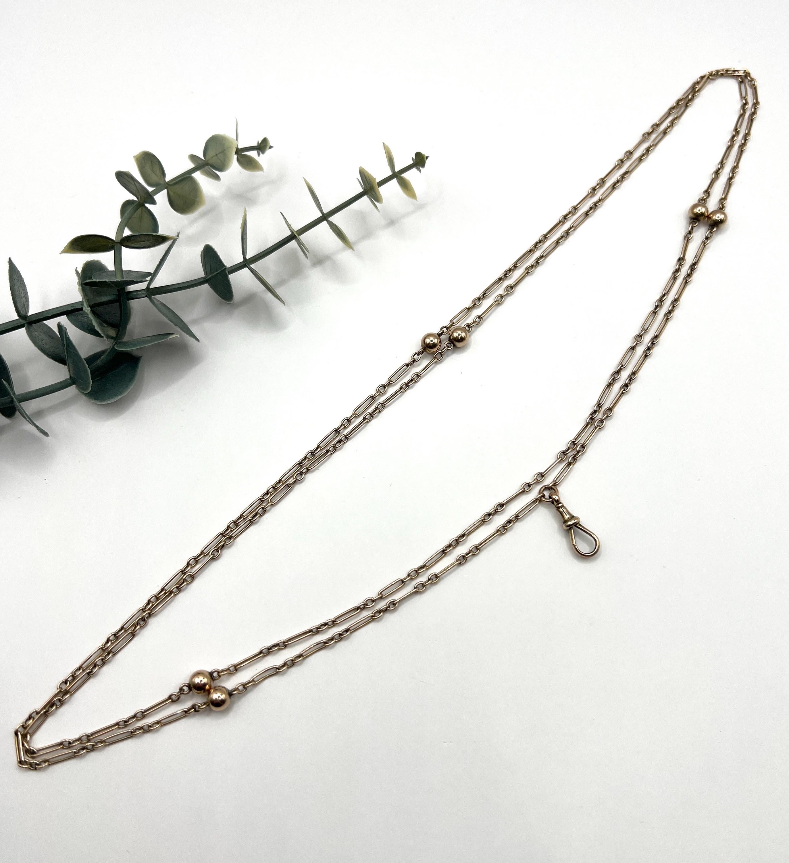 Antiguo collar de cadena larga de oro rosa de 9 ct, Edwardian Fancy Fetter & Three Ball en Bueno estado para la venta en Brighton, GB