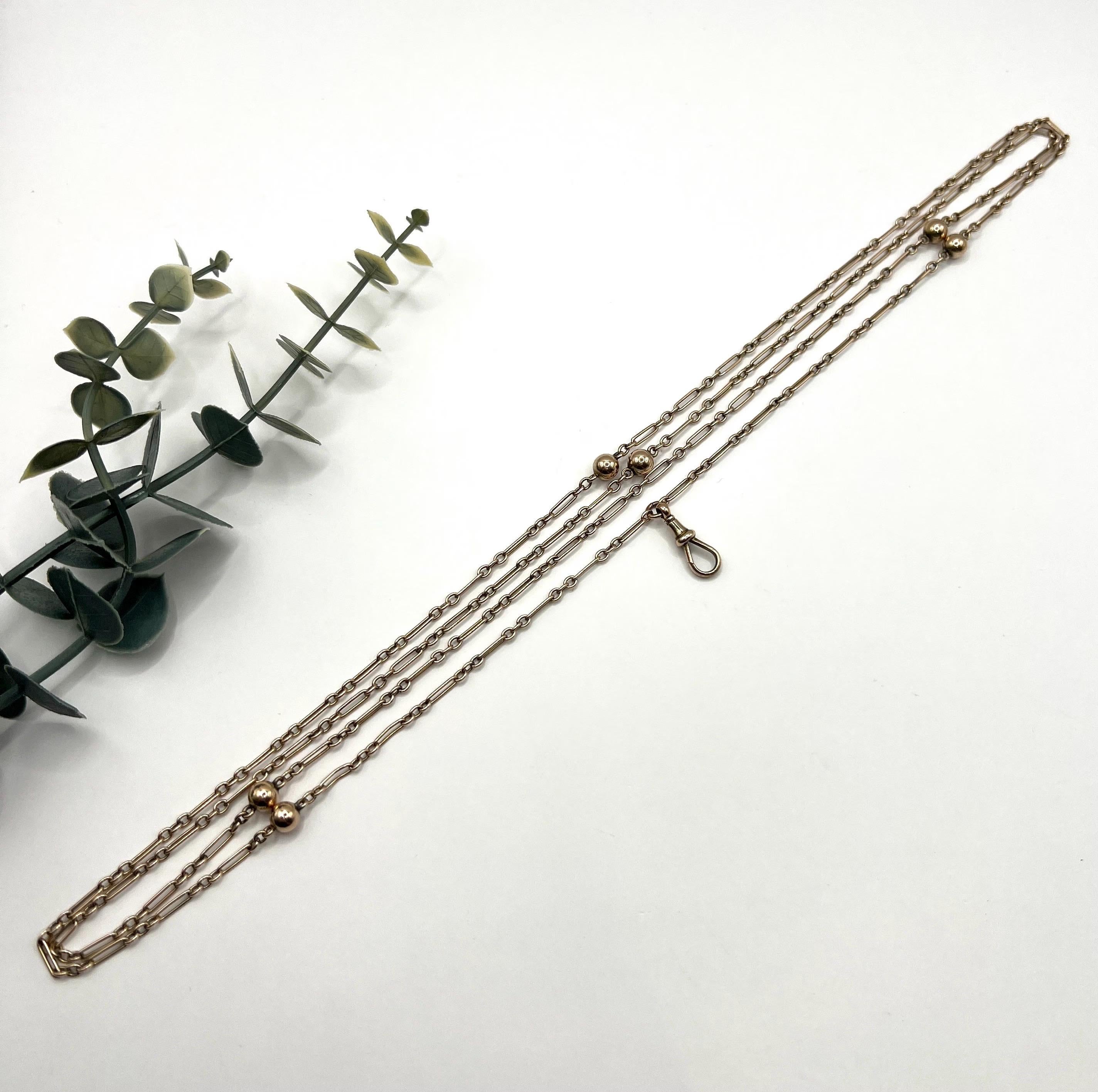 Femenino o masculino Antiguo collar de cadena larga de oro rosa de 9 ct, Edwardian Fancy Fetter & Three Ball en venta