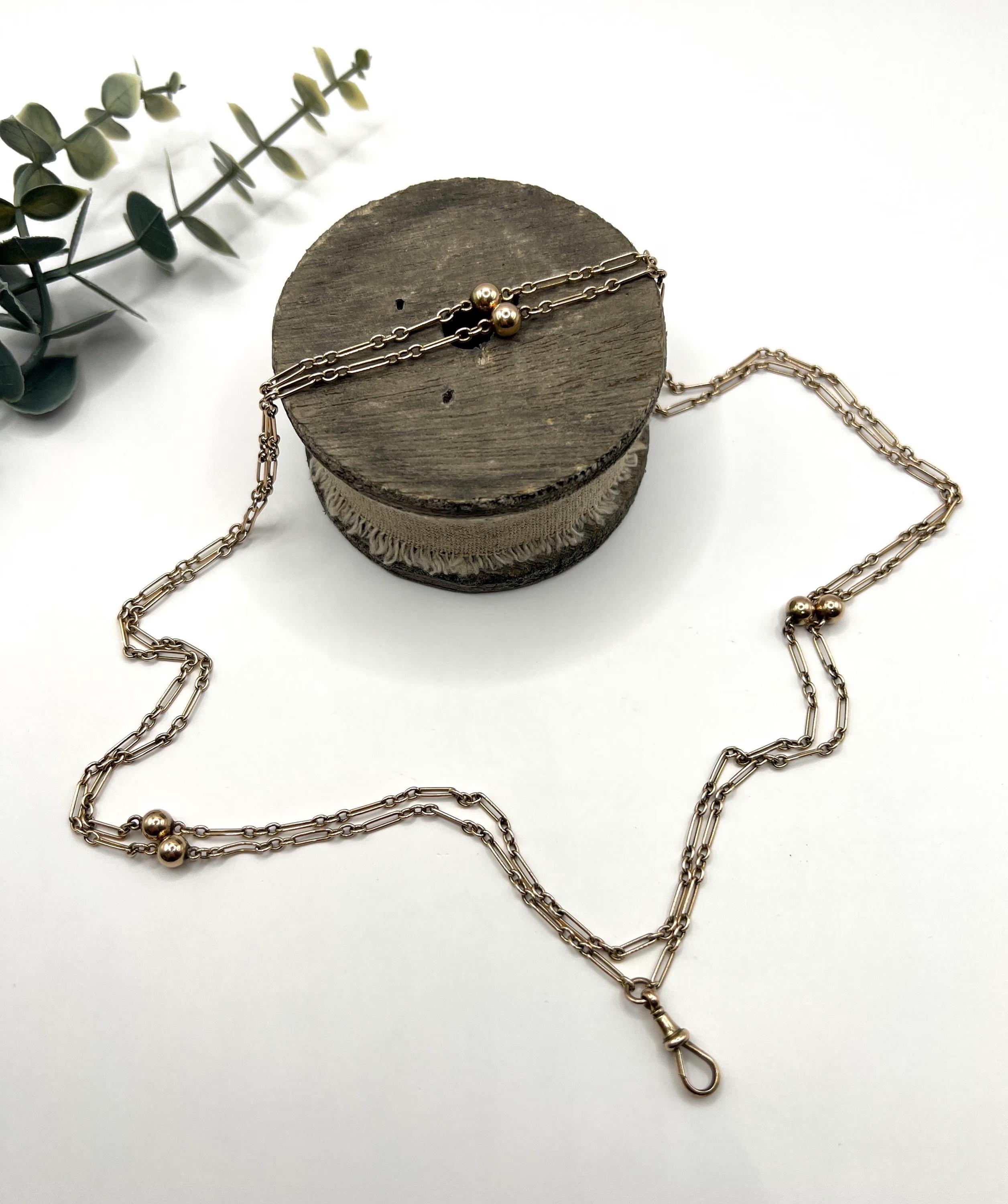 Antiguo collar de cadena larga de oro rosa de 9 ct, Edwardian Fancy Fetter & Three Ball en venta 1