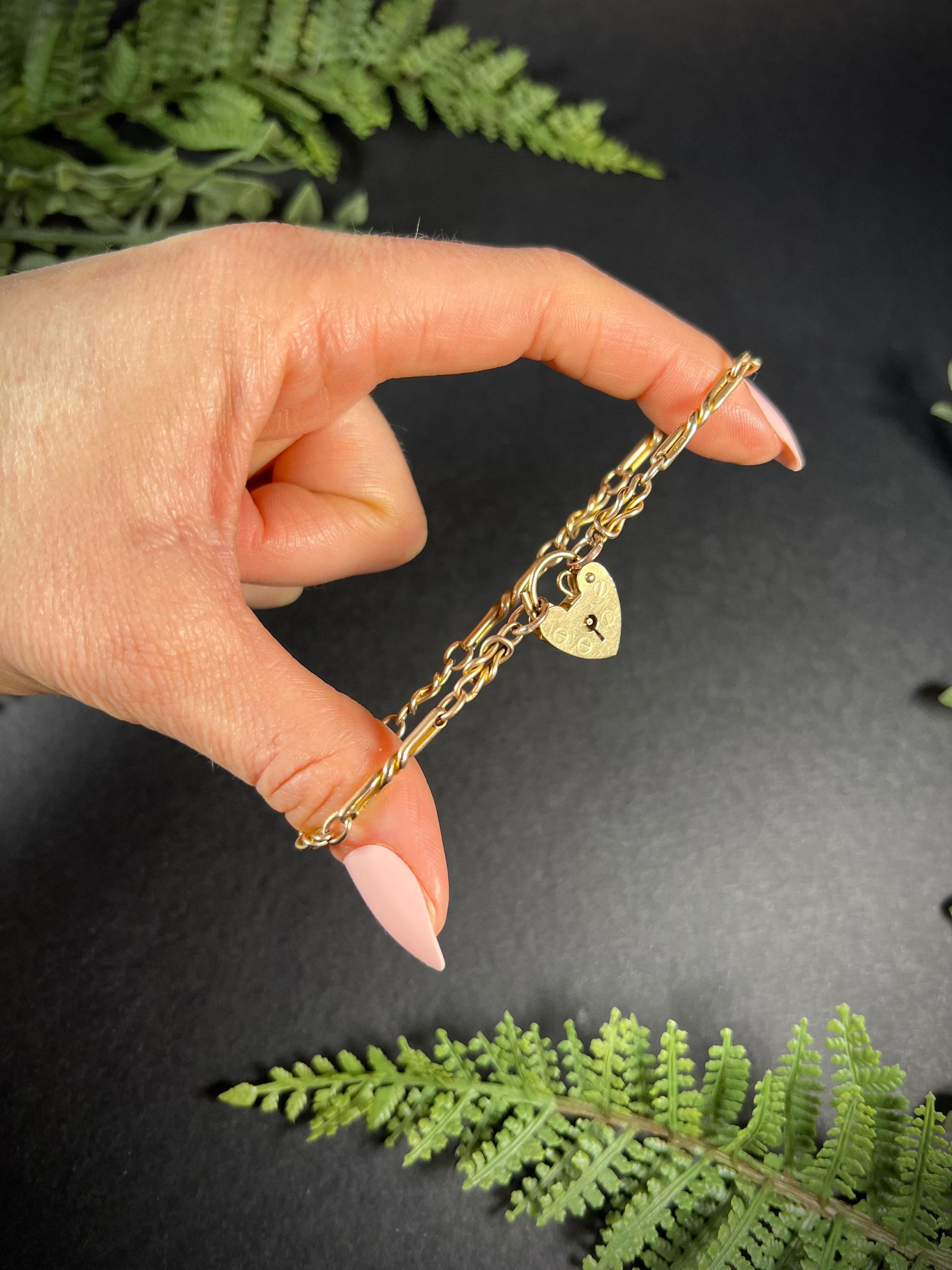 Women's or Men's Antique 9ct Rose Gold Edwardian Fancy Knot Link Heart Padlock Bracelet For Sale