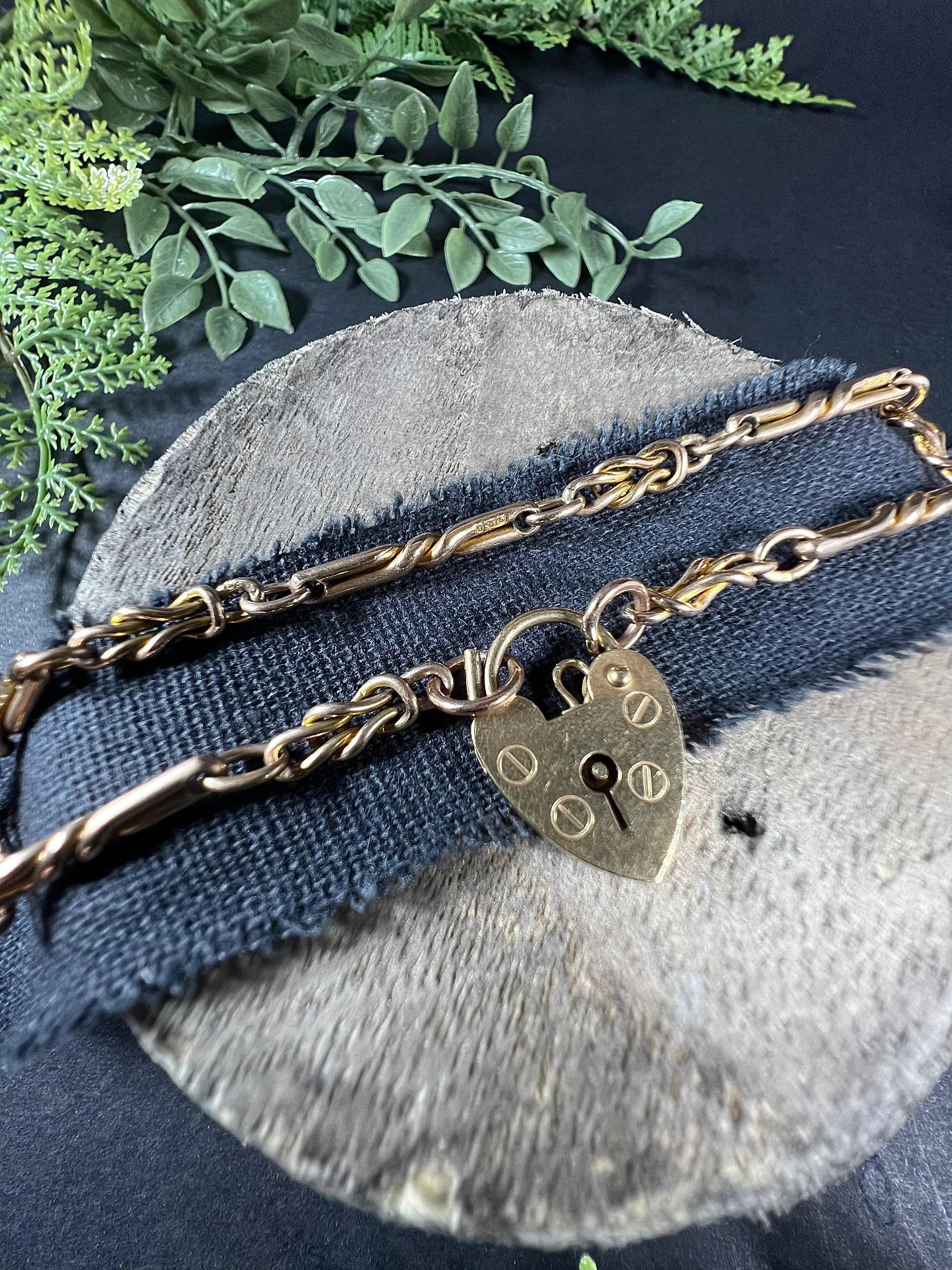 Antique 9ct Rose Gold Edwardian Fancy Knot Link Heart Padlock Bracelet For Sale 3