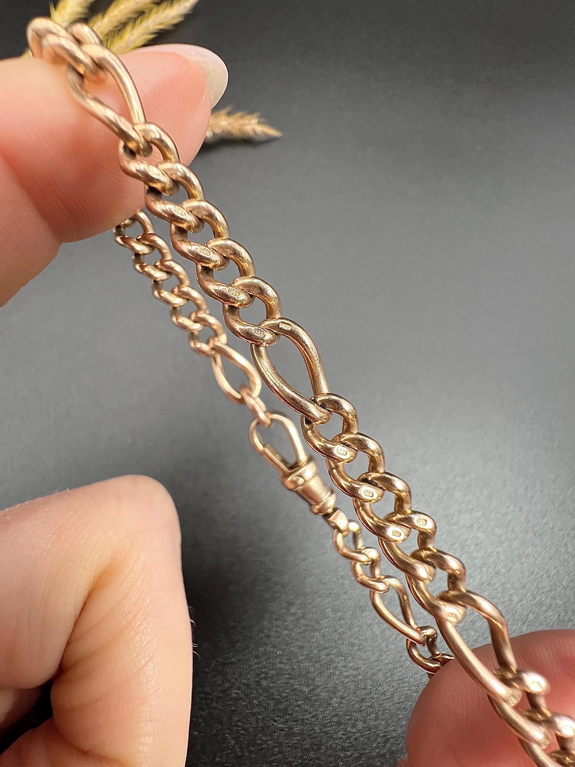 Antique 9ct Rose Gold, Edwardian Figaro Link Bracelet with Swivel Clasp For Sale 4