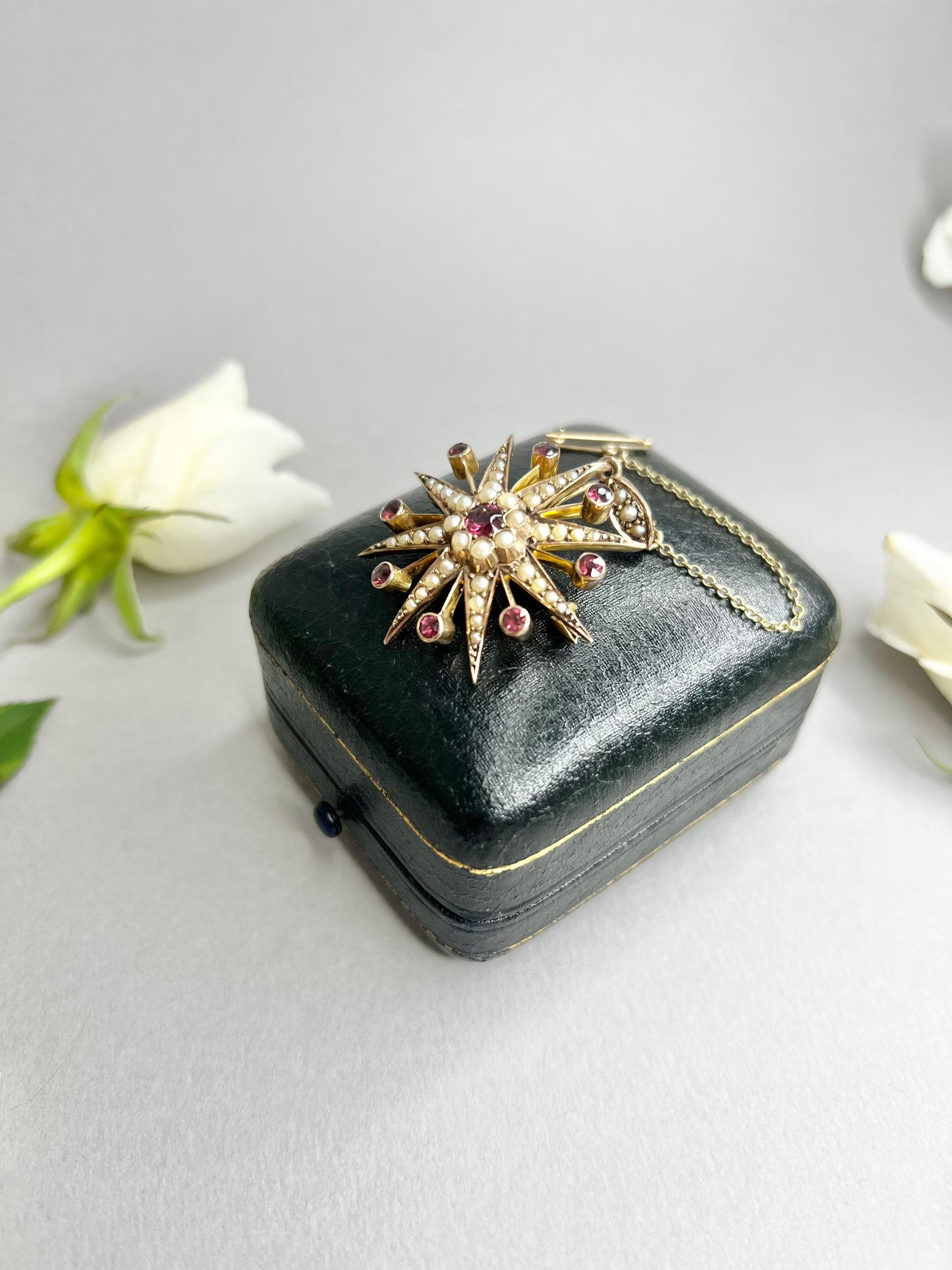 Round Cut Antique 9ct Rose Gold, Edwardian Garnet & Pearl Star Brooch/Pendant For Sale