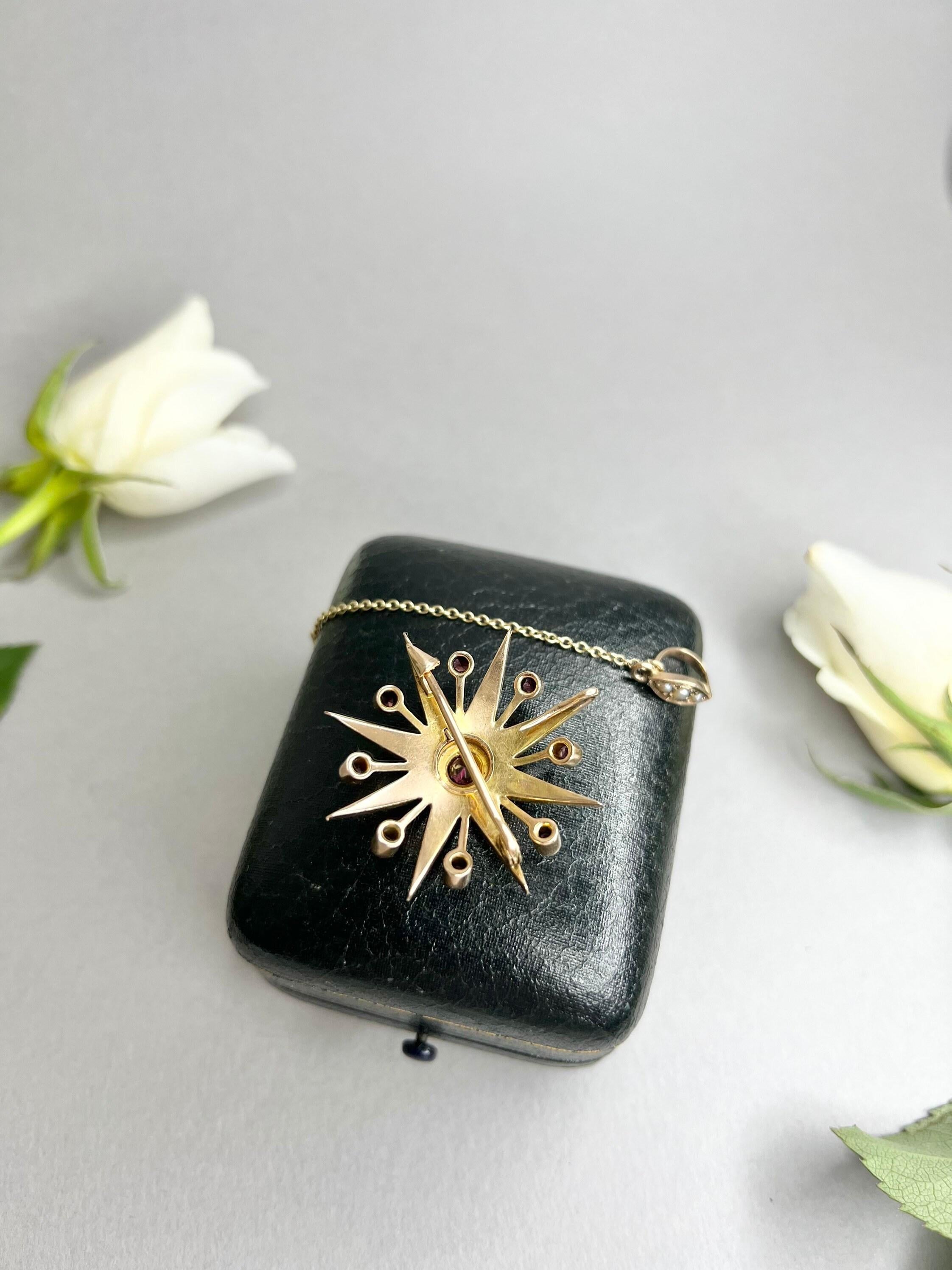 Antique 9ct Rose Gold, Edwardian Garnet & Pearl Star Brooch/Pendant For Sale 2