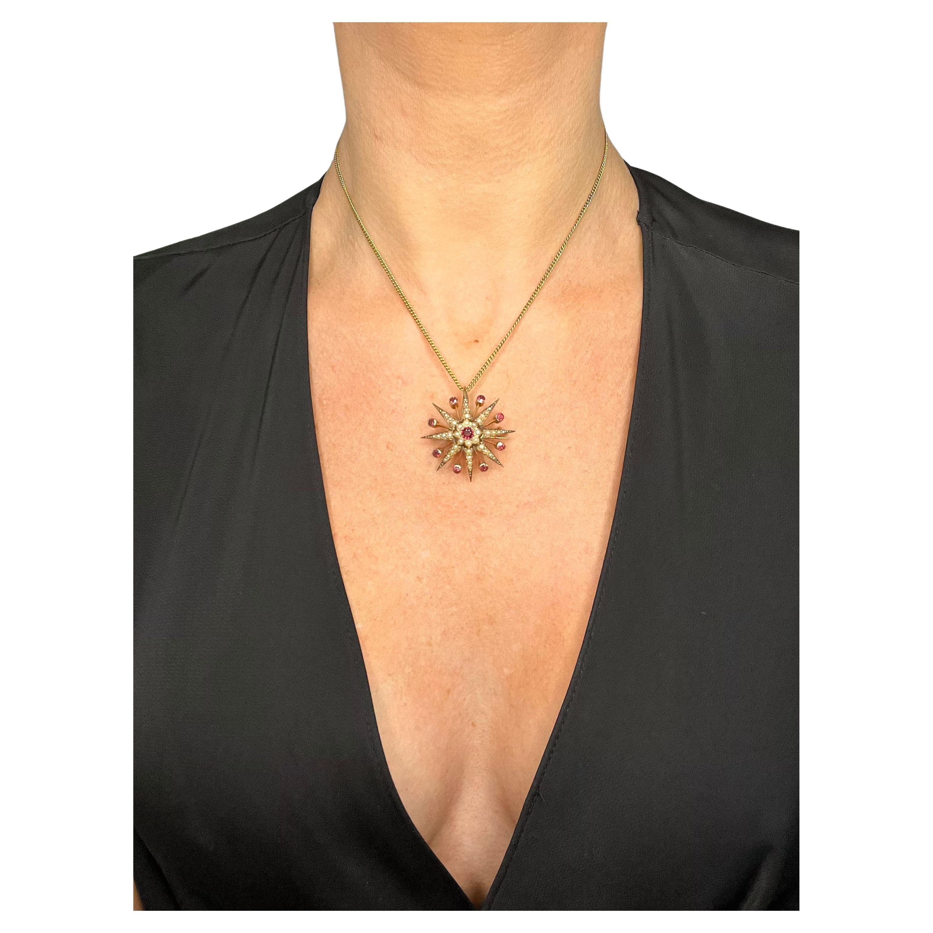 Antique 9ct Rose Gold, Edwardian Garnet & Pearl Star Brooch/Pendant For Sale