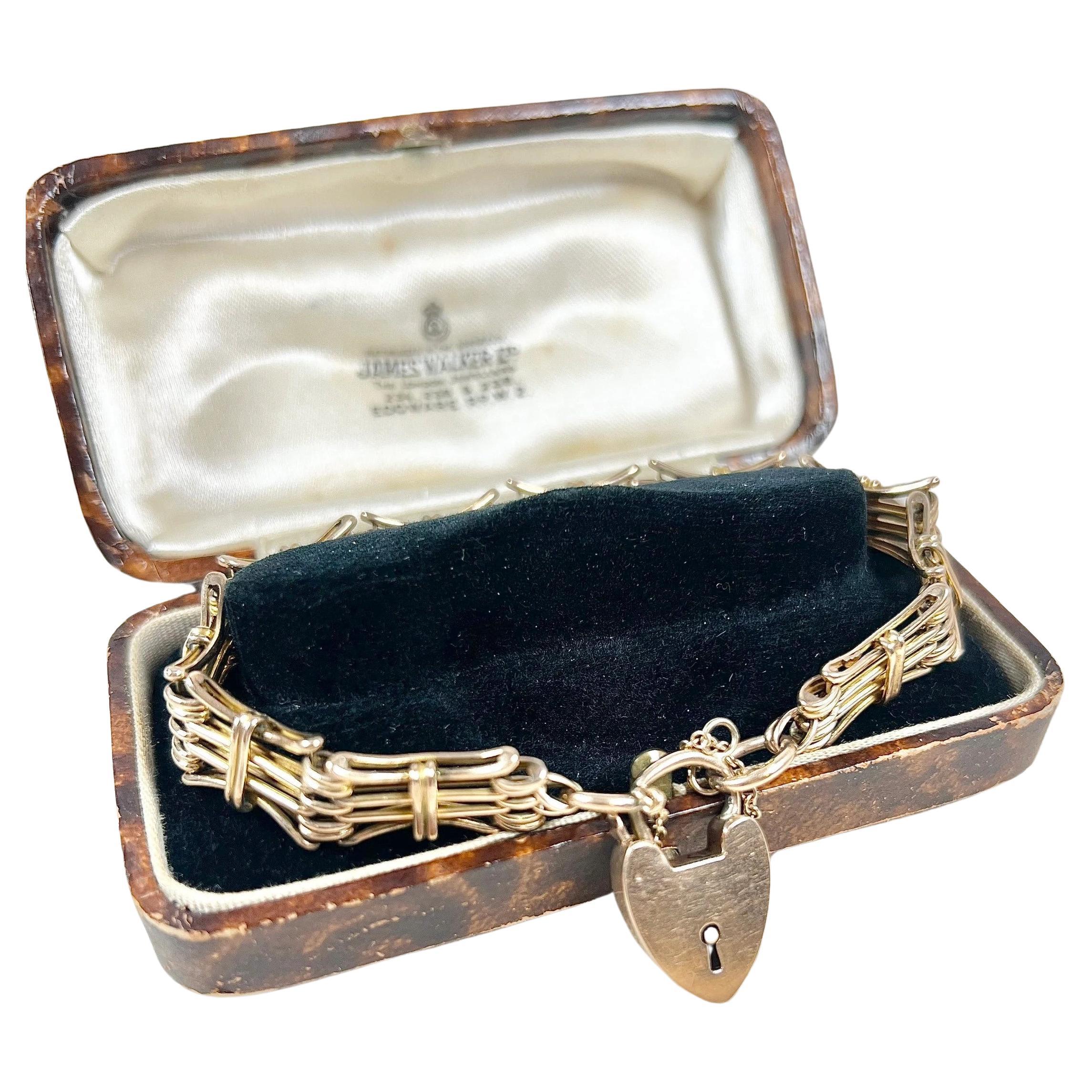 Antique 9ct Rose Gold Edwardian Gate Bracelet with Heart Padlock