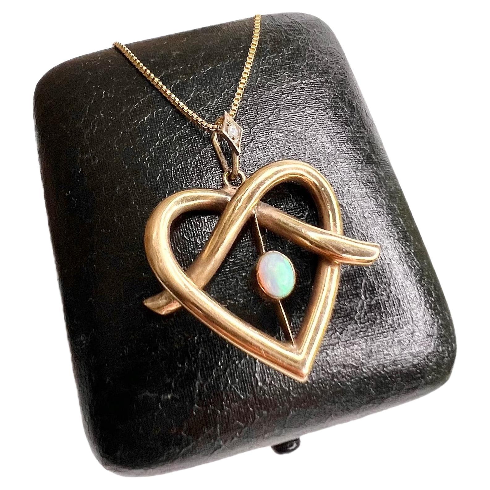 Antique 9ct Rose Gold Edwardian Lovers Knot Opal Heart Pendant Diamond in Bail For Sale