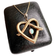Antique 9ct Rose Gold Edwardian Lovers Knot Opal Heart Pendant Diamond in Bail