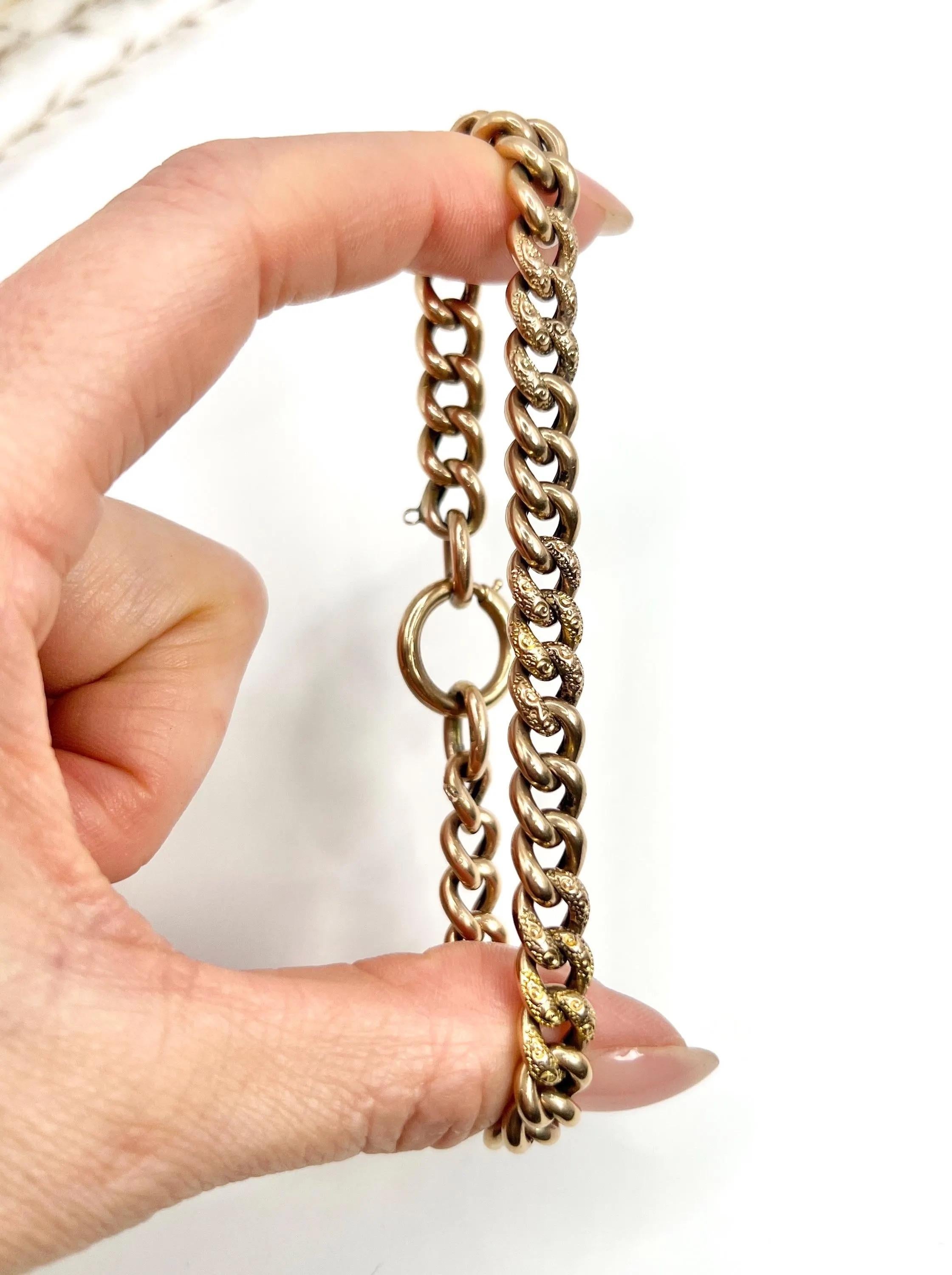 Antique 9ct Rose Gold, Edwardian Night & Day, Floral Patterned Curb Bracelet For Sale 6