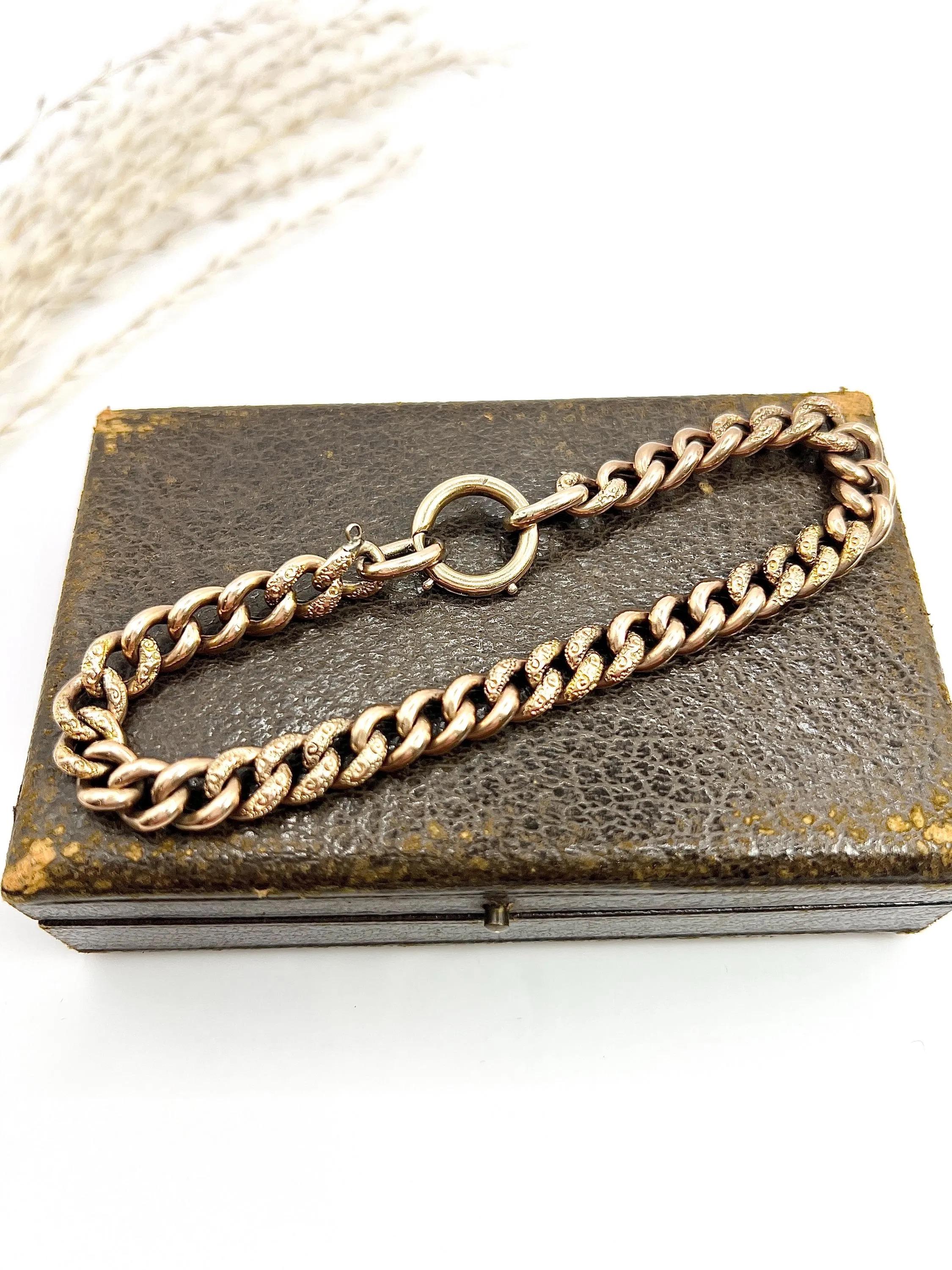Antique 9ct Rose Gold, Edwardian Night & Day, Floral Patterned Curb Bracelet In Good Condition For Sale In Brighton, GB