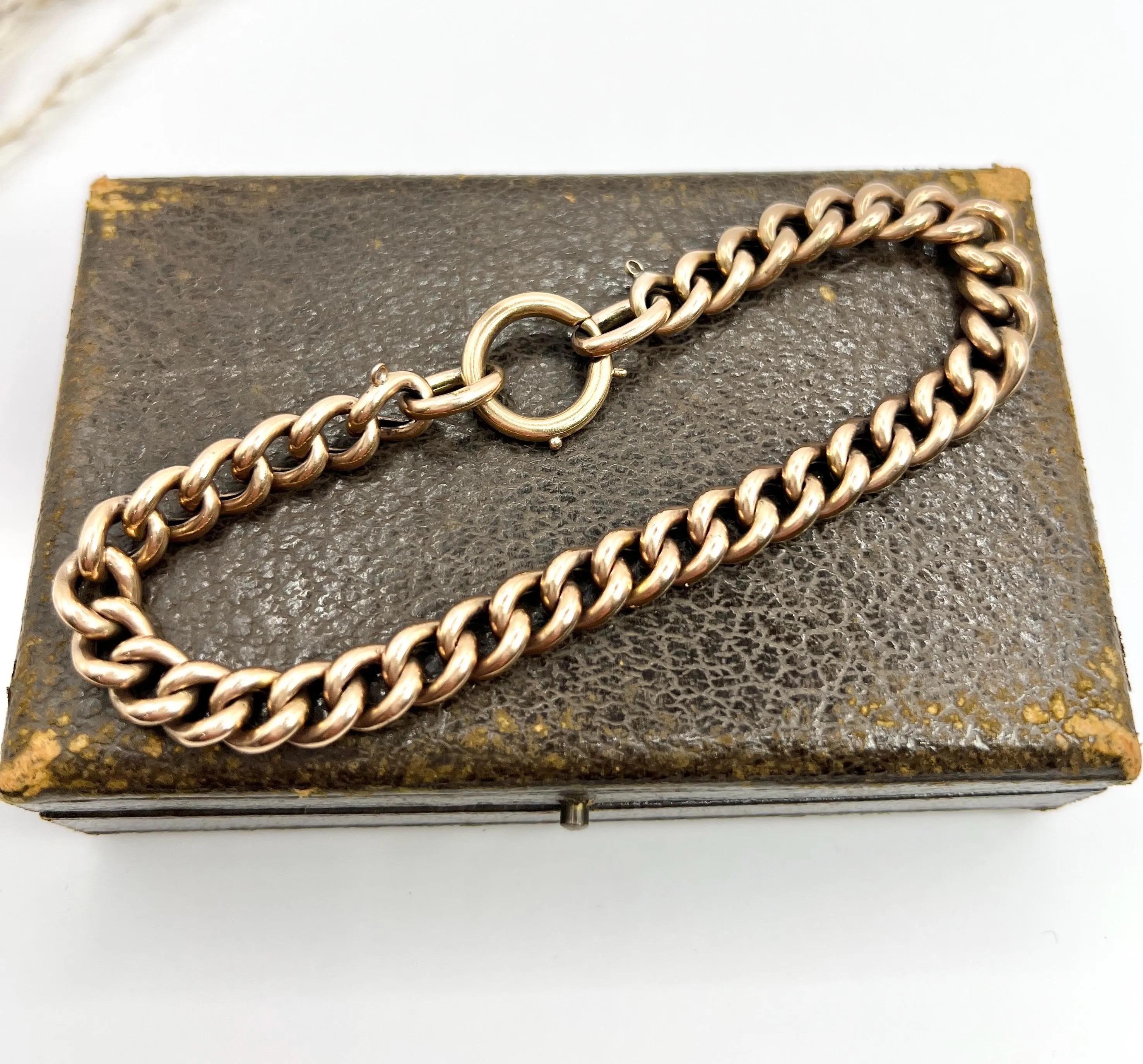 Women's or Men's Antique 9ct Rose Gold, Edwardian Night & Day, Floral Patterned Curb Bracelet For Sale
