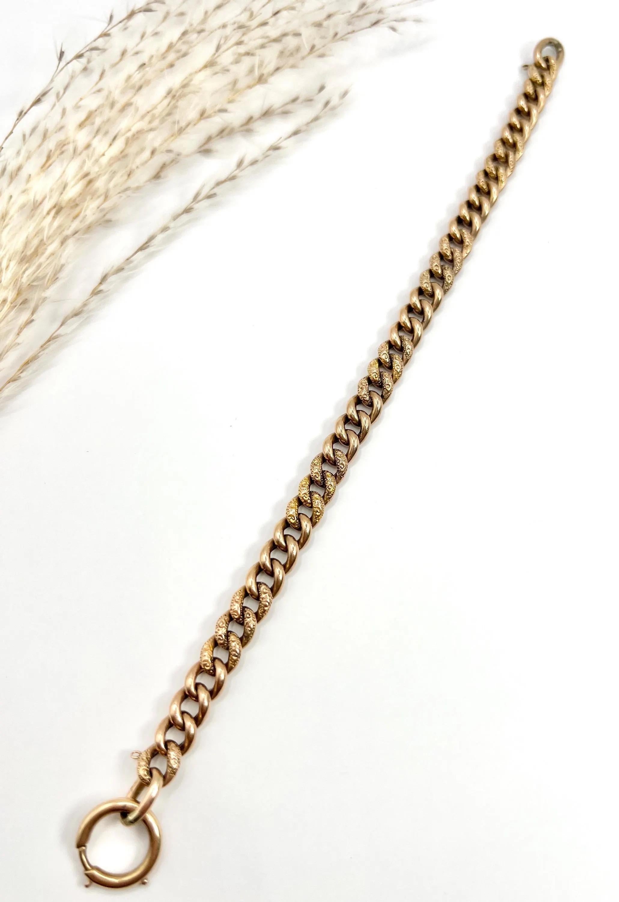 Antique 9ct Rose Gold, Edwardian Night & Day, Floral Patterned Curb Bracelet For Sale 2
