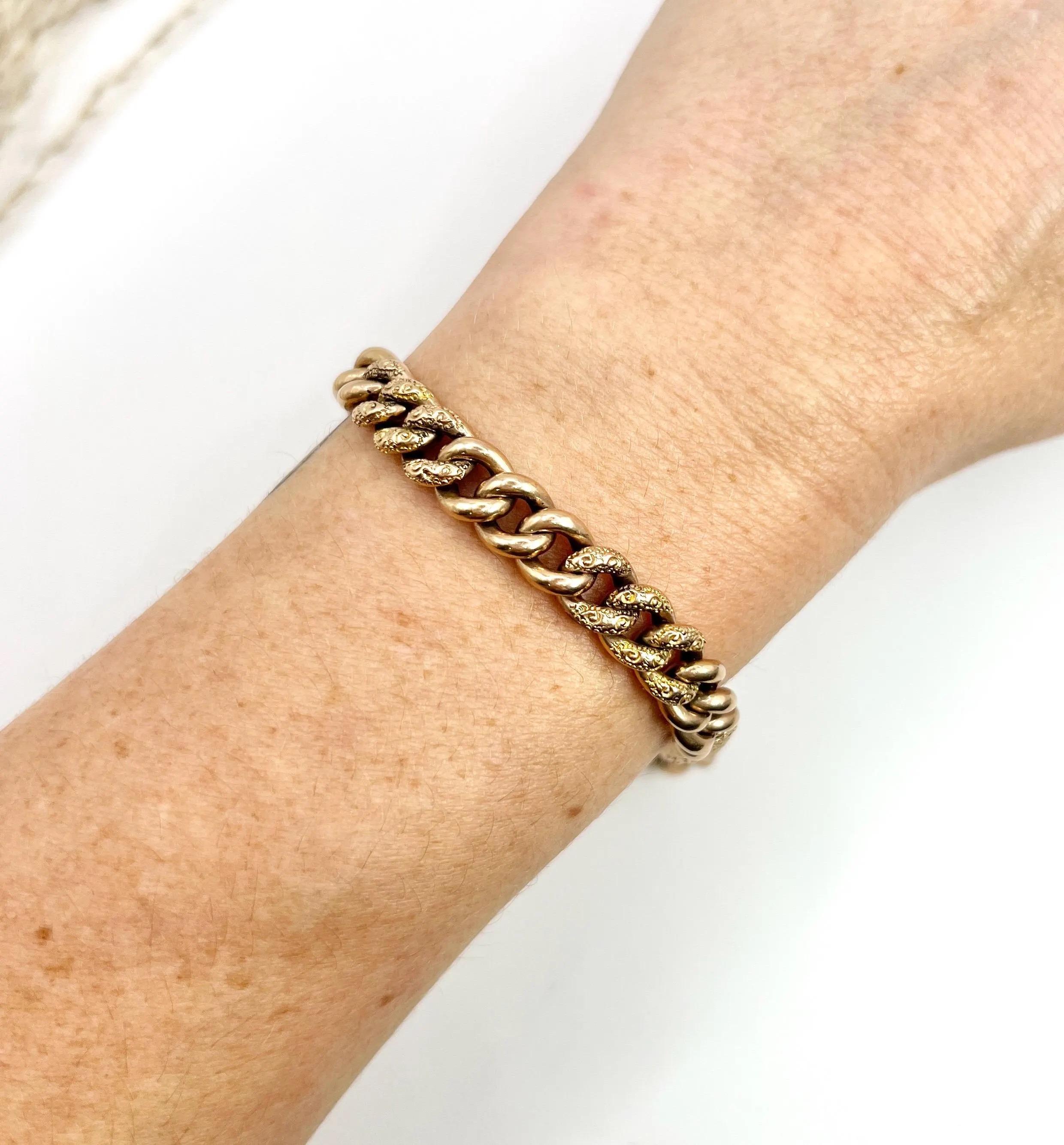 Antique 9ct Rose Gold, Edwardian Night & Day, Floral Patterned Curb Bracelet For Sale 3