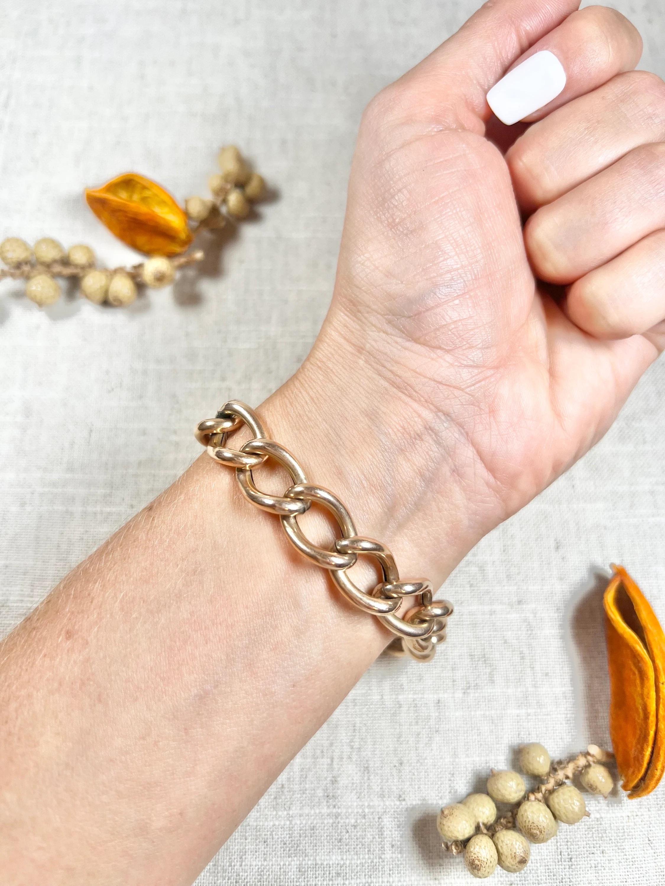 Antique 9ct Rose Gold Edwardian Open Curb Link, Heart Padlock Bracelet For Sale 6
