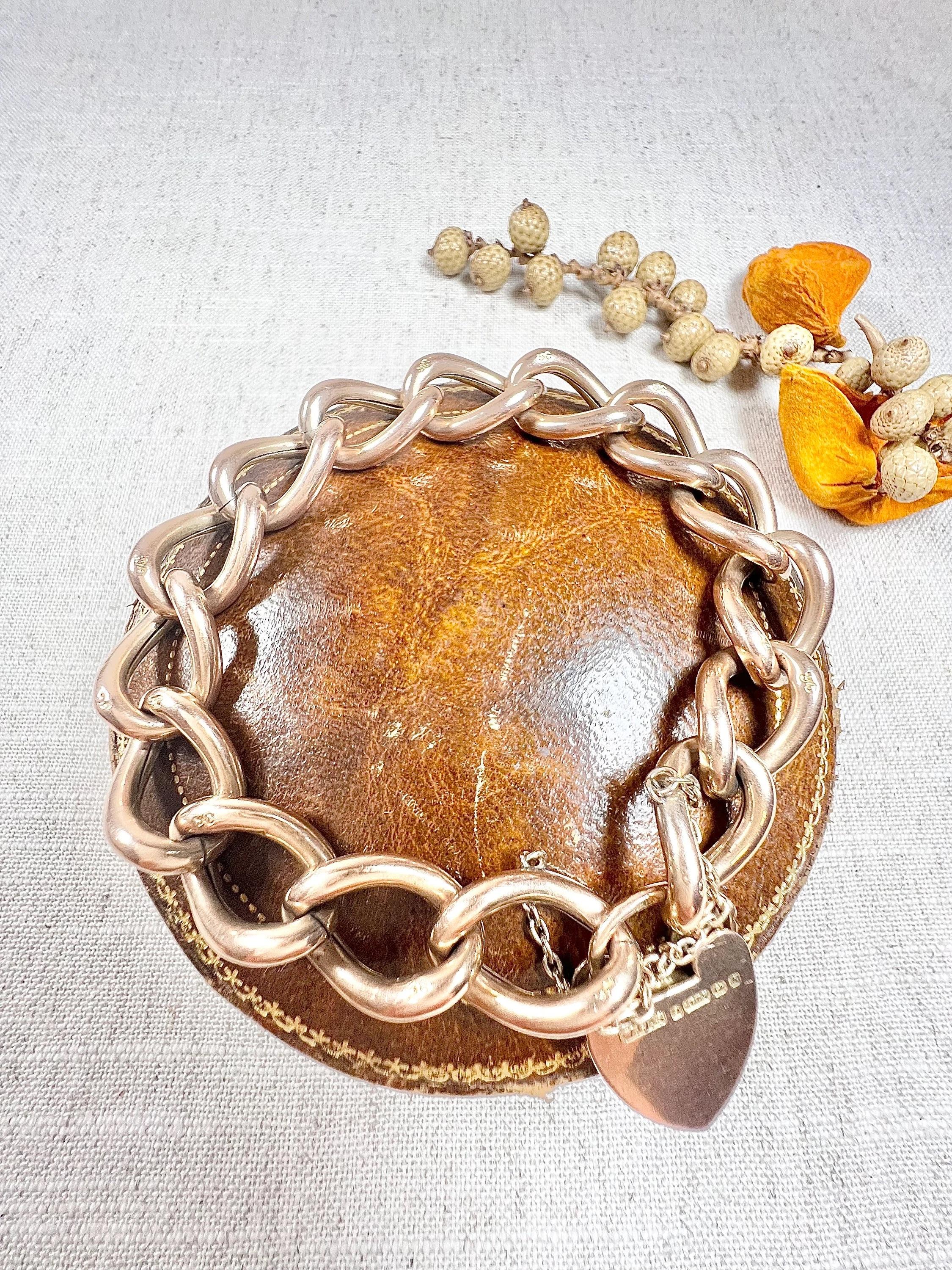 Antique 9ct Rose Gold Edwardian Open Curb Link, Heart Padlock Bracelet For Sale 7