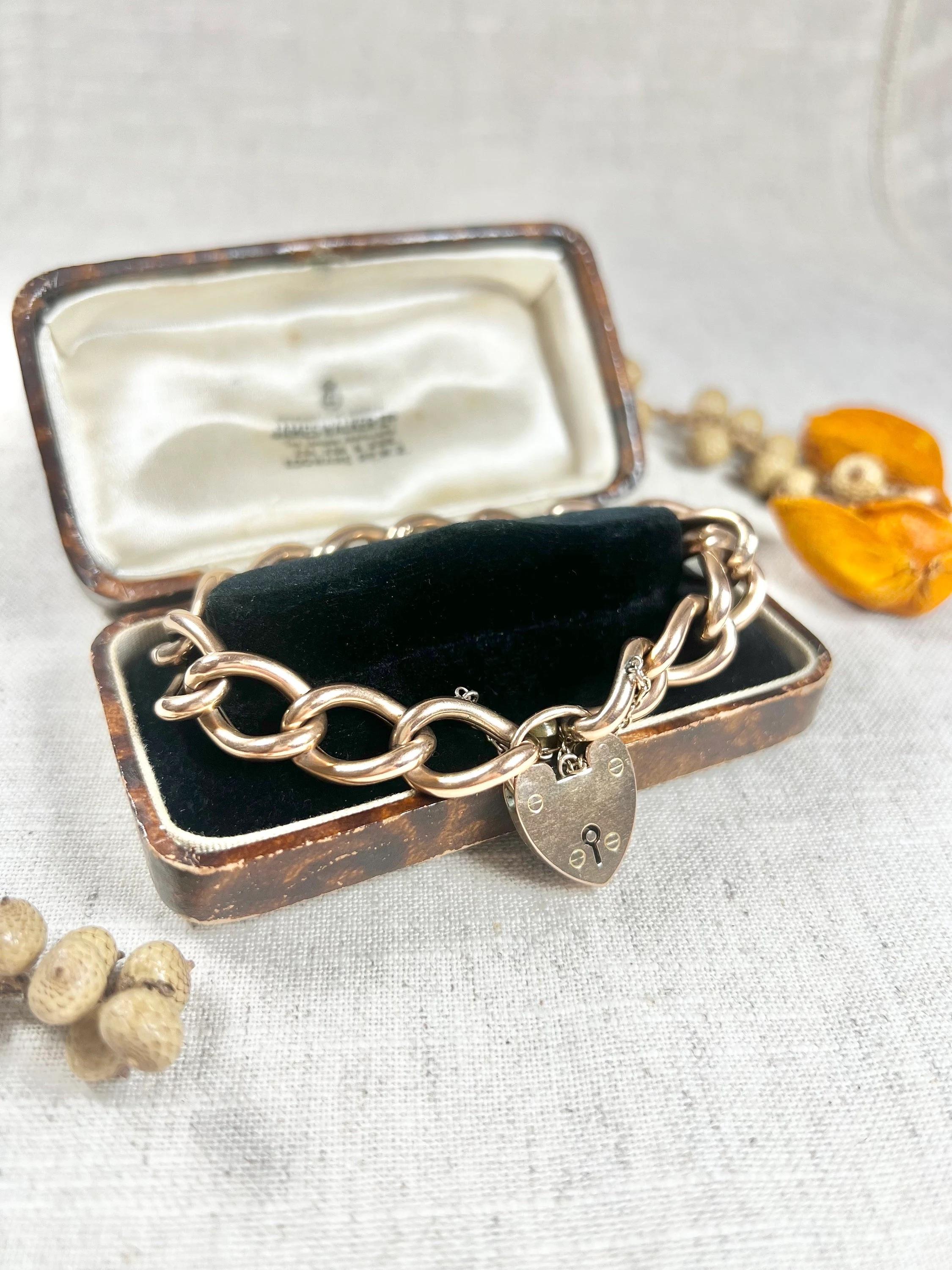 Women's or Men's Antique 9ct Rose Gold Edwardian Open Curb Link, Heart Padlock Bracelet For Sale