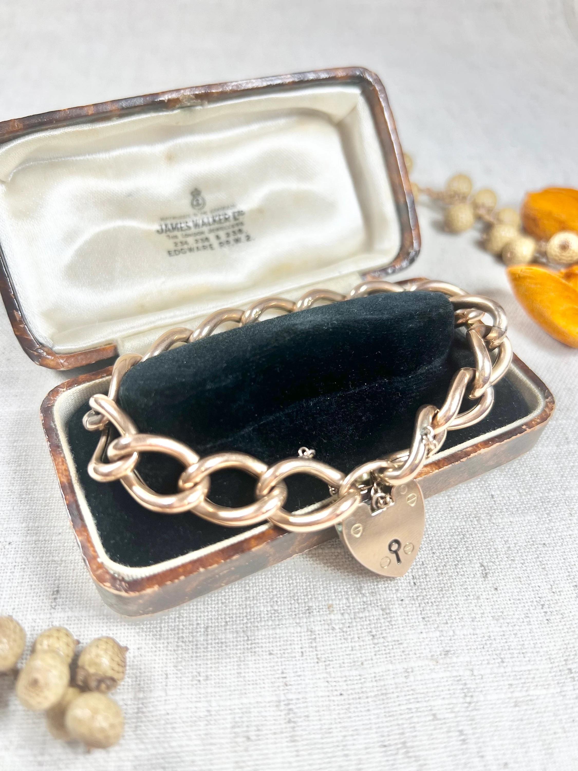 Antique 9ct Rose Gold Edwardian Open Curb Link, Heart Padlock Bracelet For Sale 1