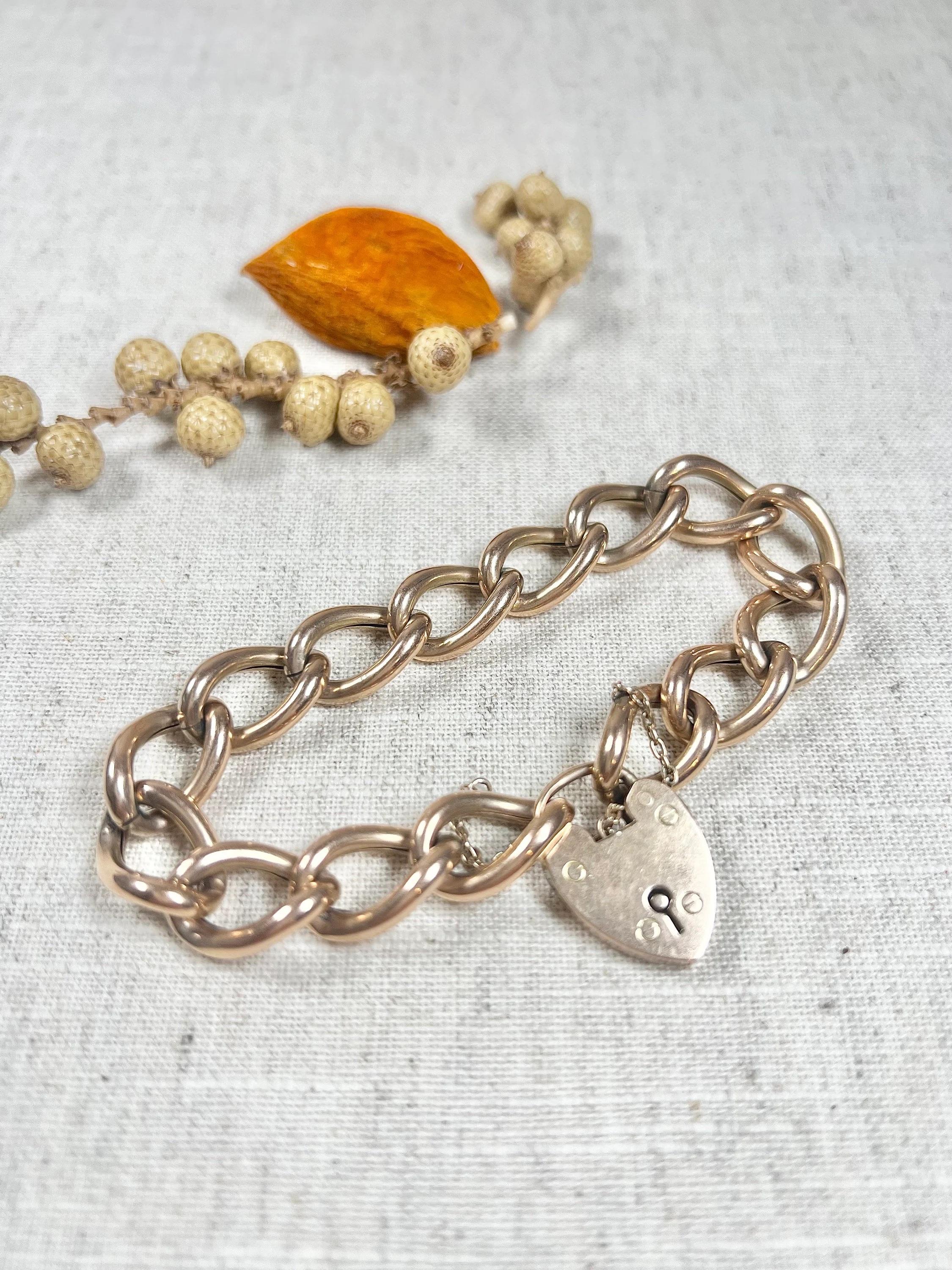 Antique 9ct Rose Gold Edwardian Open Curb Link, Heart Padlock Bracelet For Sale 5